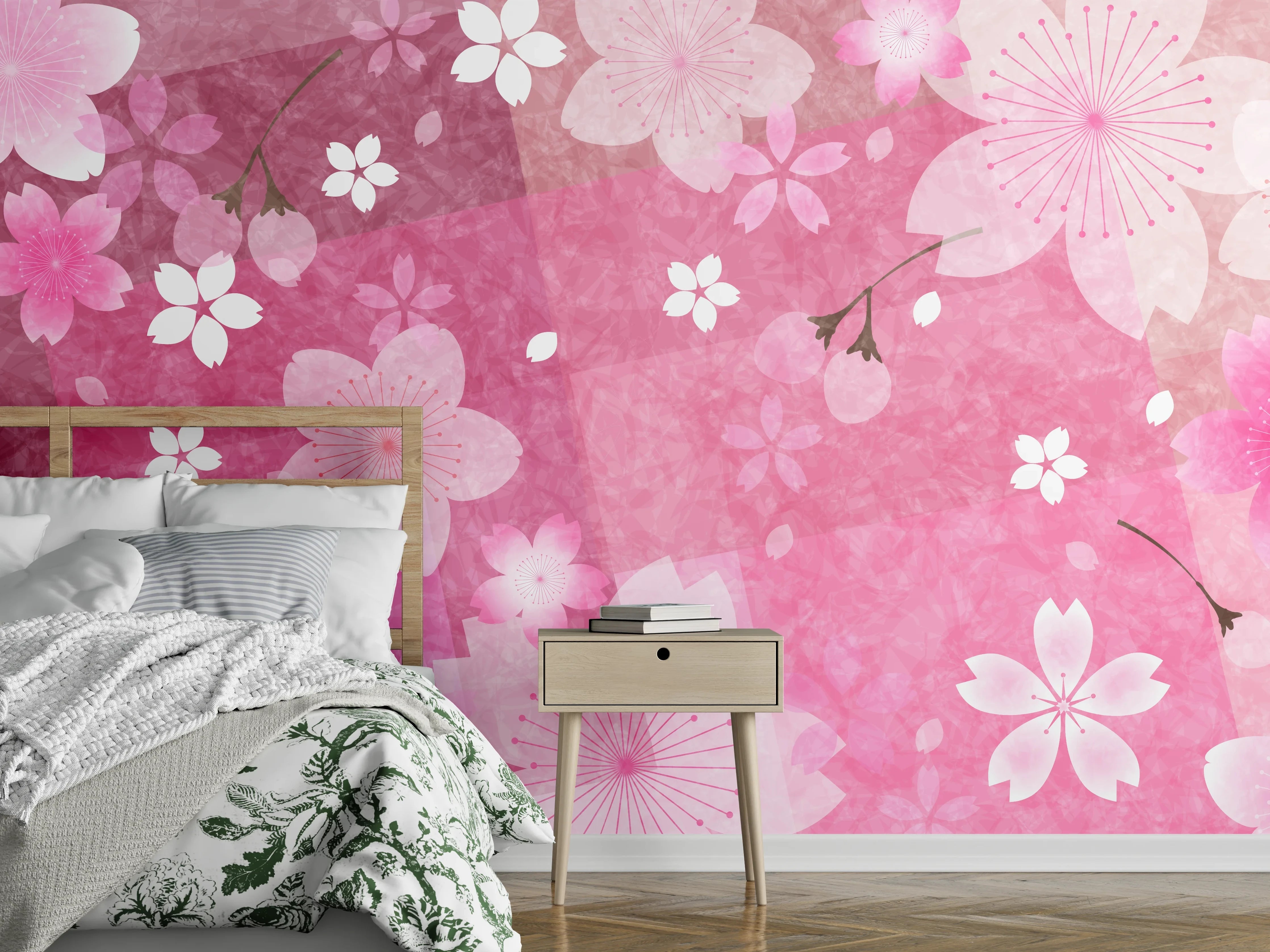 Wandverkleidung Schlafzimmer - Blühendes Sakura-Muster Rosa