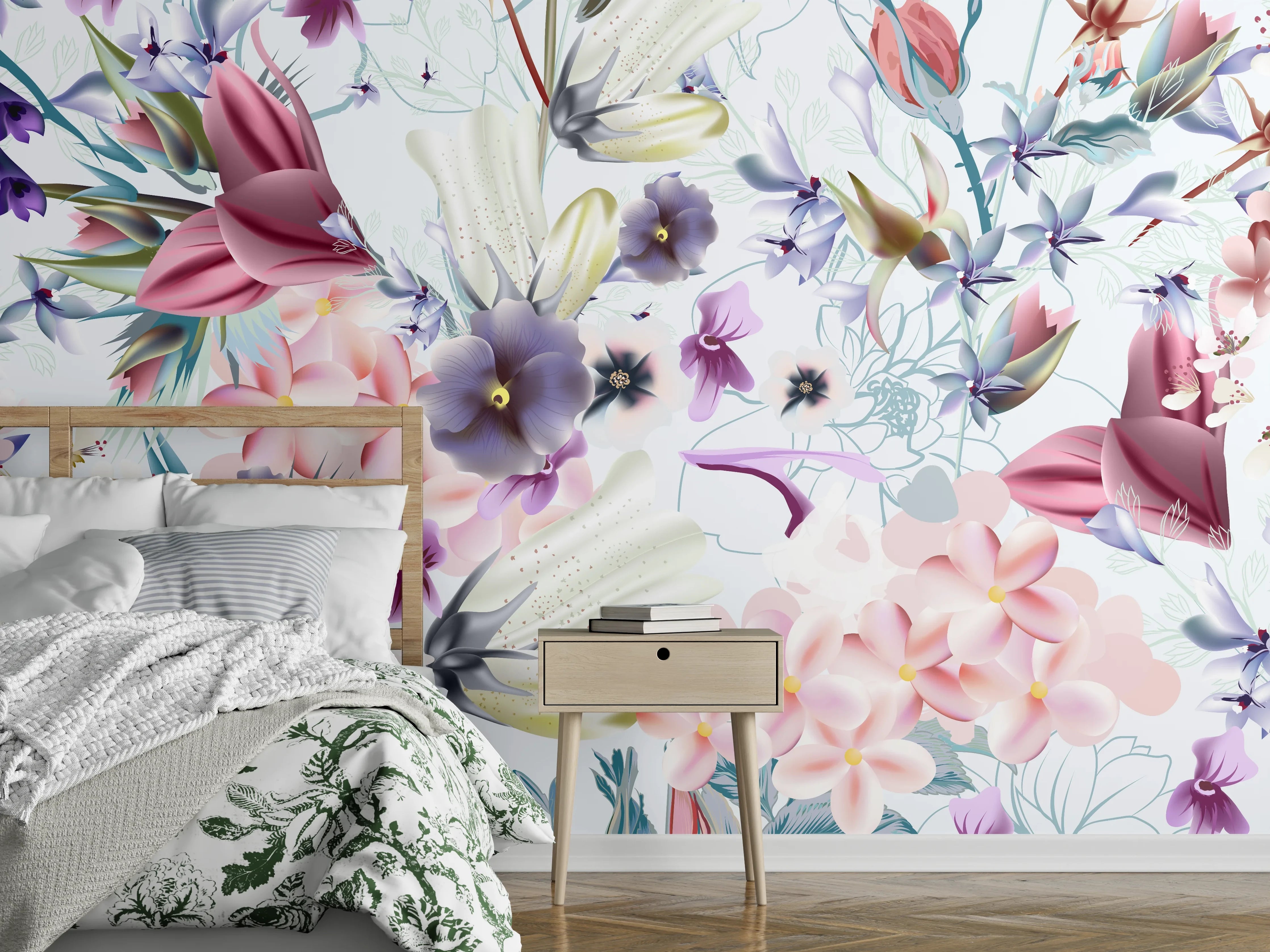 Wandverkleidung Schlafzimmer - Blütenexplosion - Aquarell