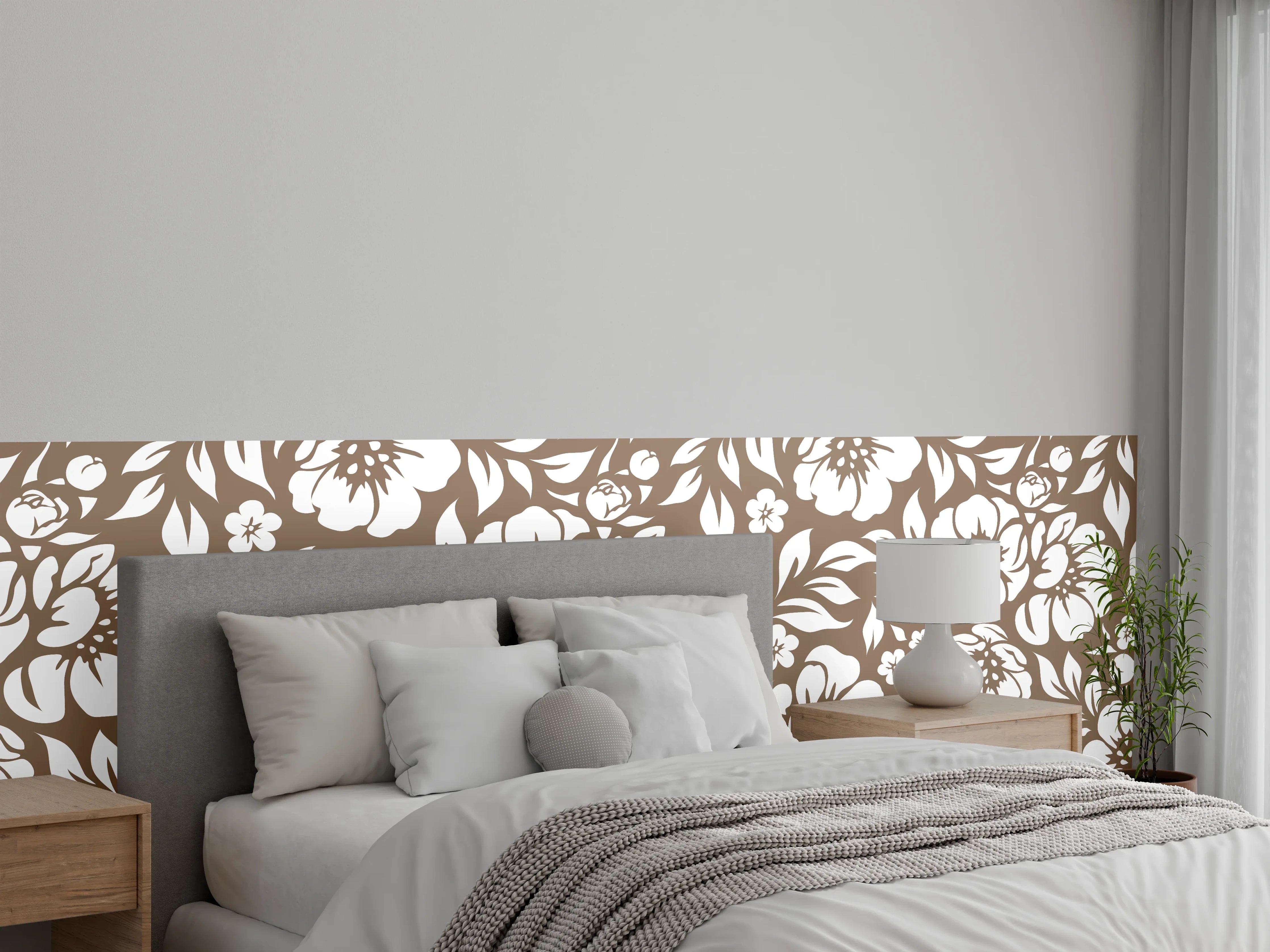 Wandverkleidung Schlafzimmer - Blütenpoesie in Braun und Grauweiß