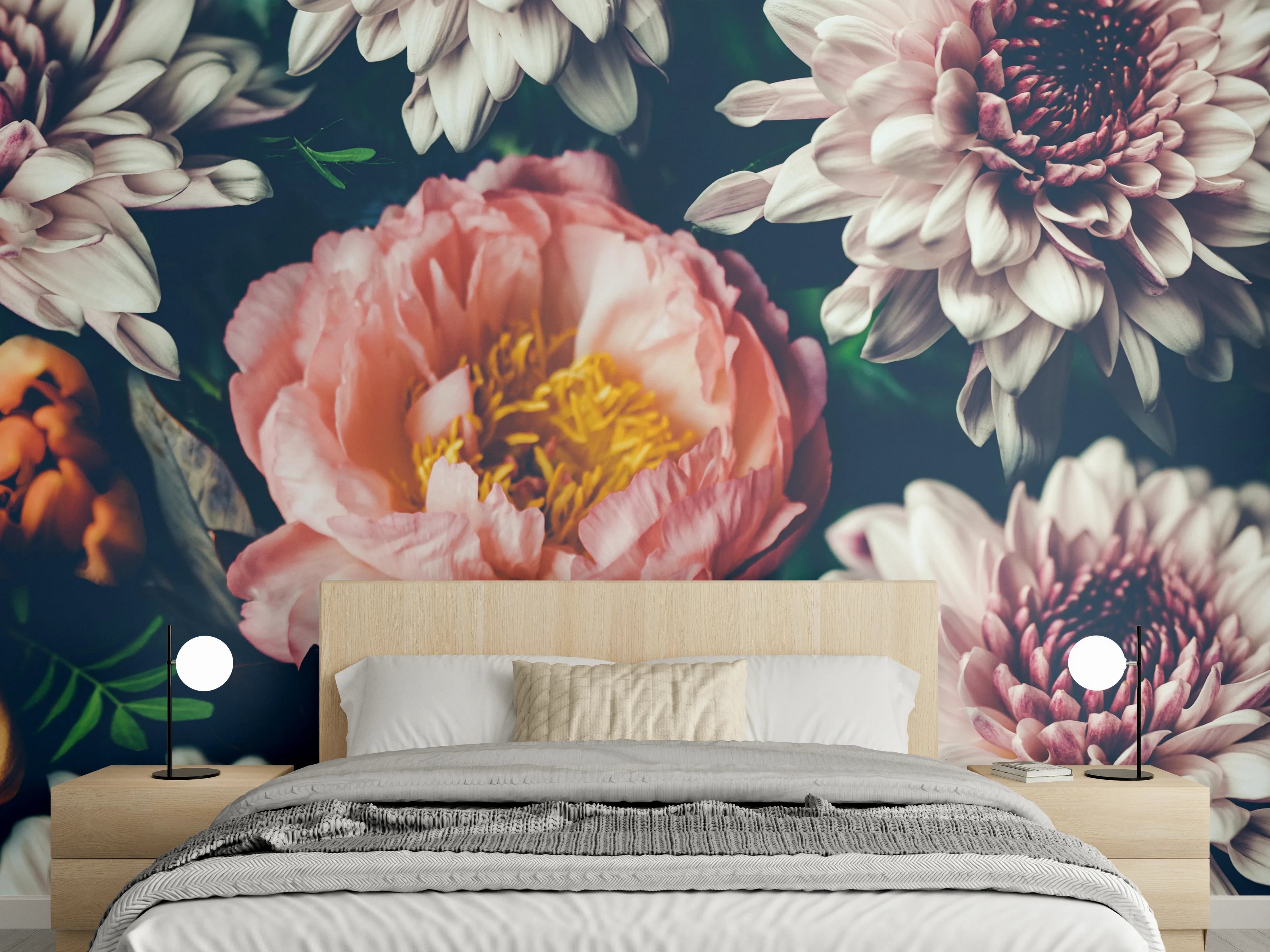 Wandverkleidung Schlafzimmer - Blütenpoesie in Grau und Nacht