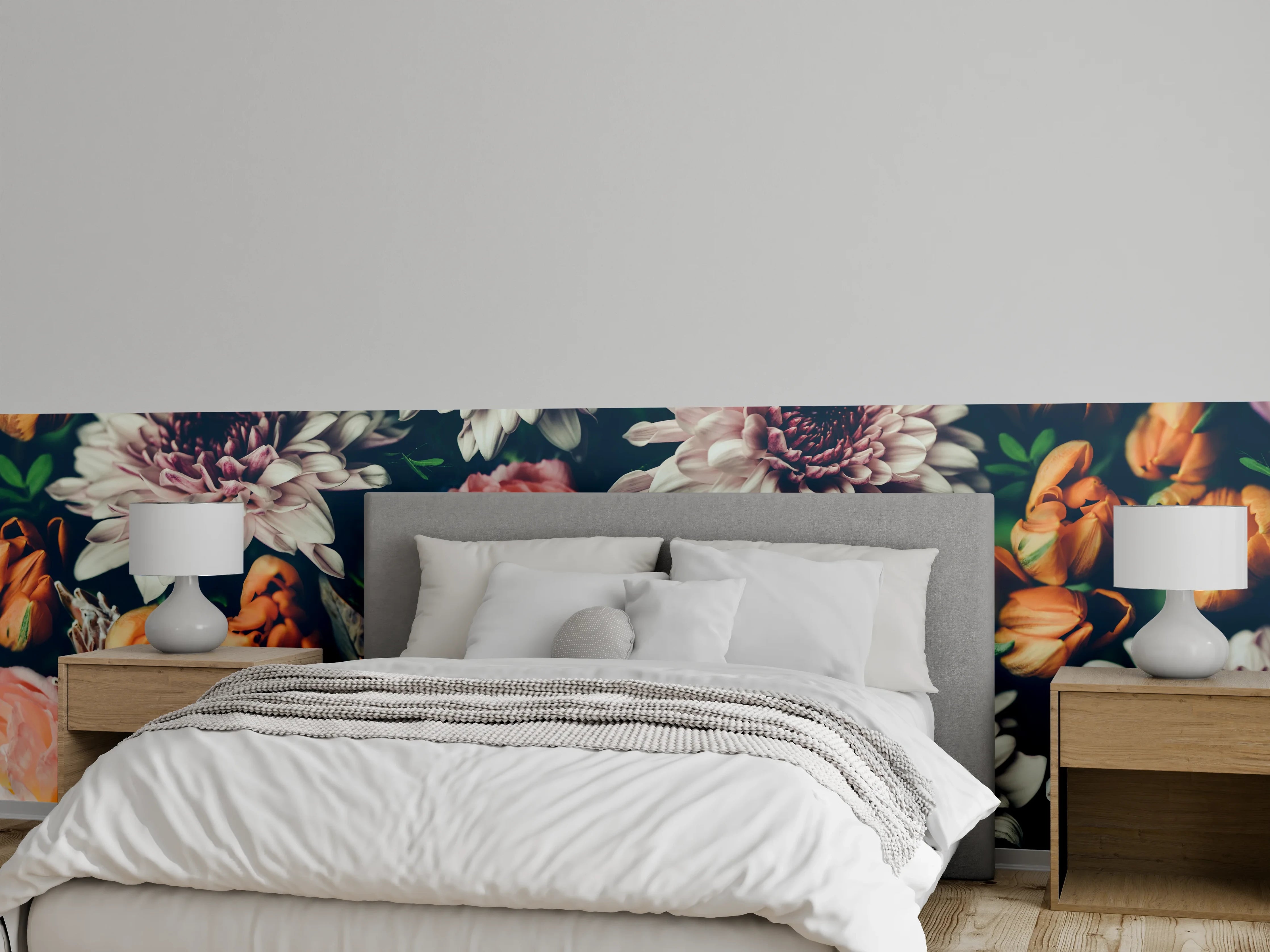 Wandverkleidung Schlafzimmer - Blütenpoesie in Grau und Nacht