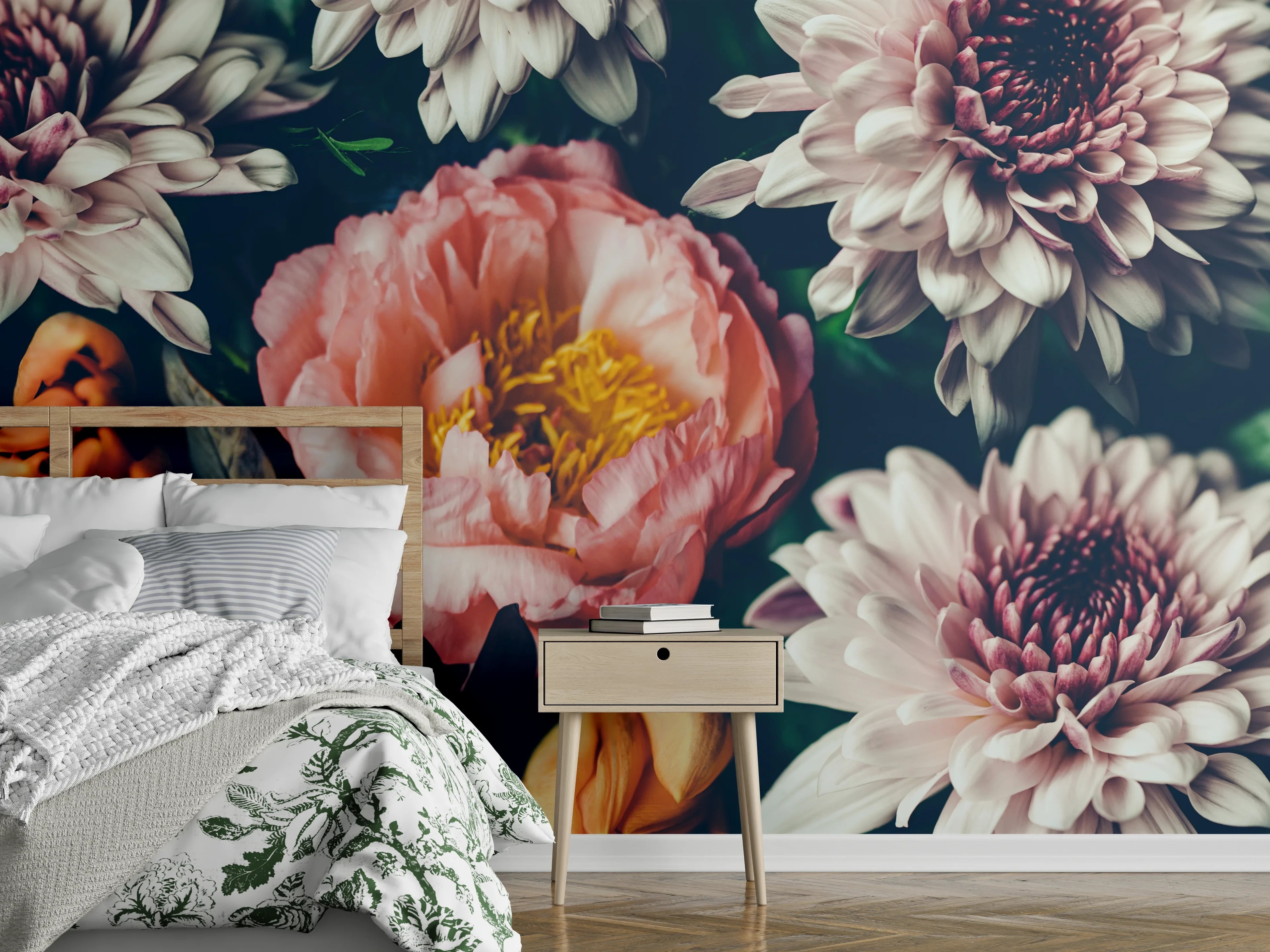 Wandverkleidung Schlafzimmer - Blütenpoesie in Grau und Nacht