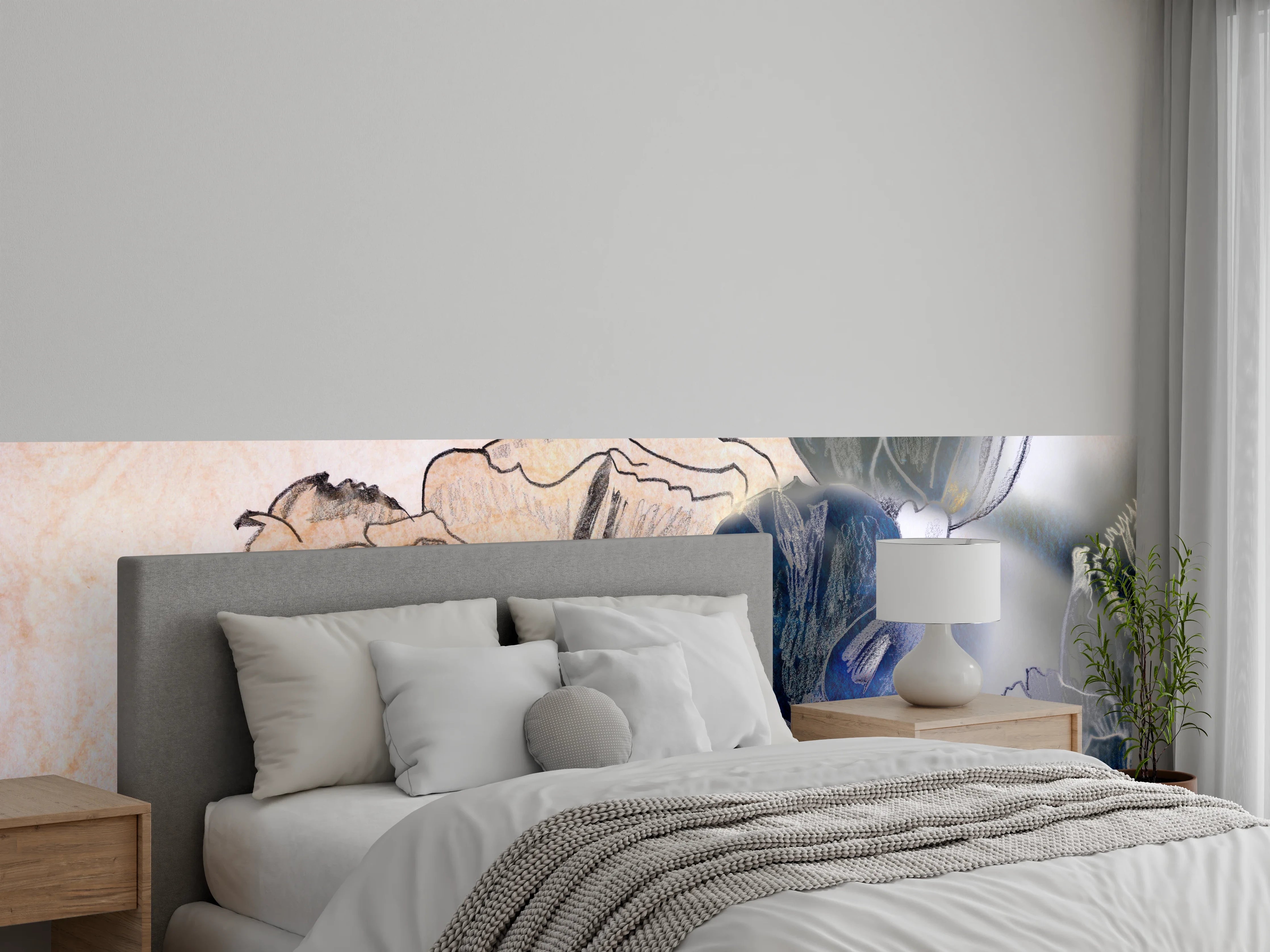 Wandverkleidung Schlafzimmer - Blumen Aquarell-Lineart mit Pastellfarben