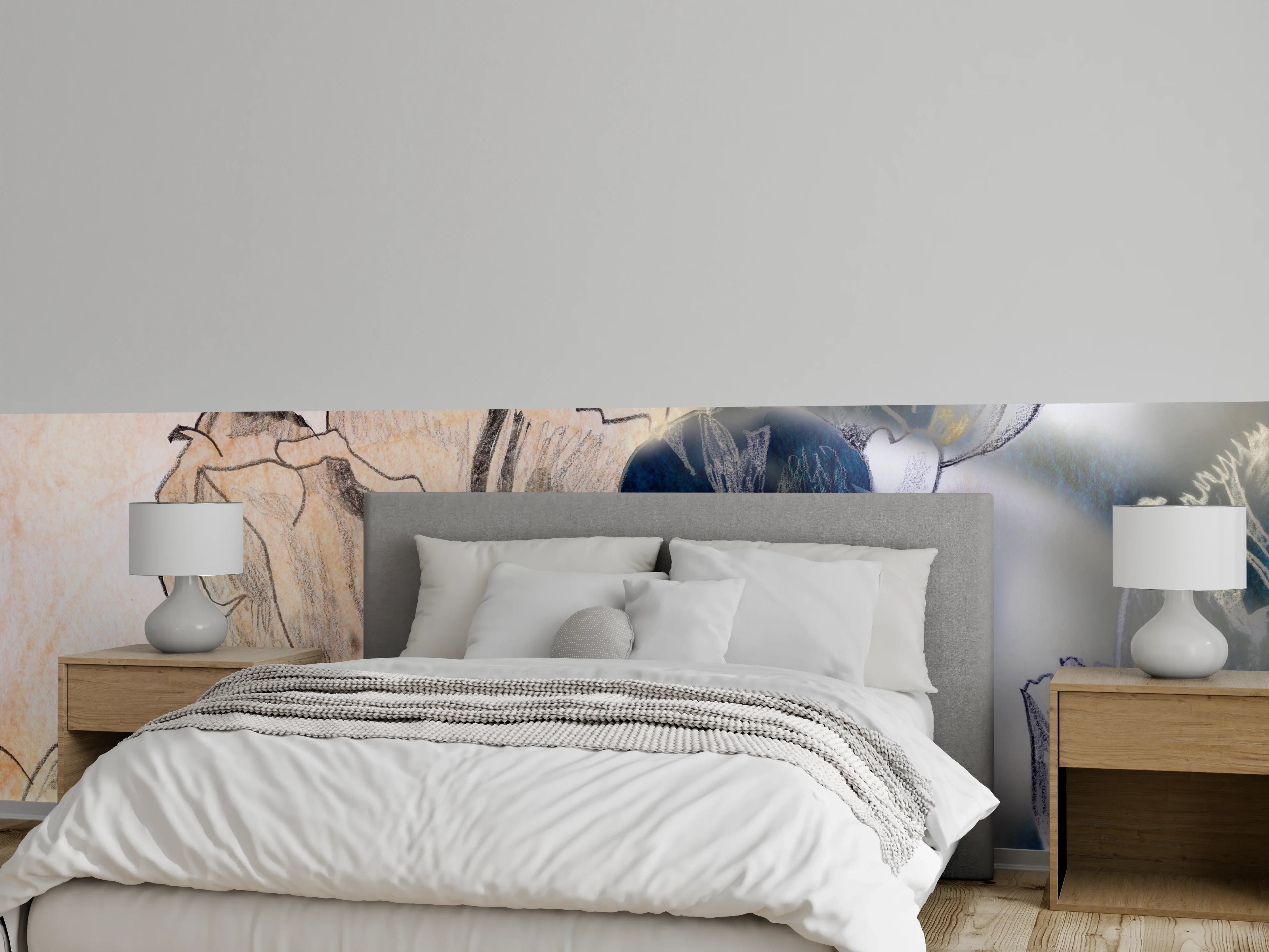 Wandverkleidung Schlafzimmer - Blumen Aquarell-Lineart mit Pastellfarben