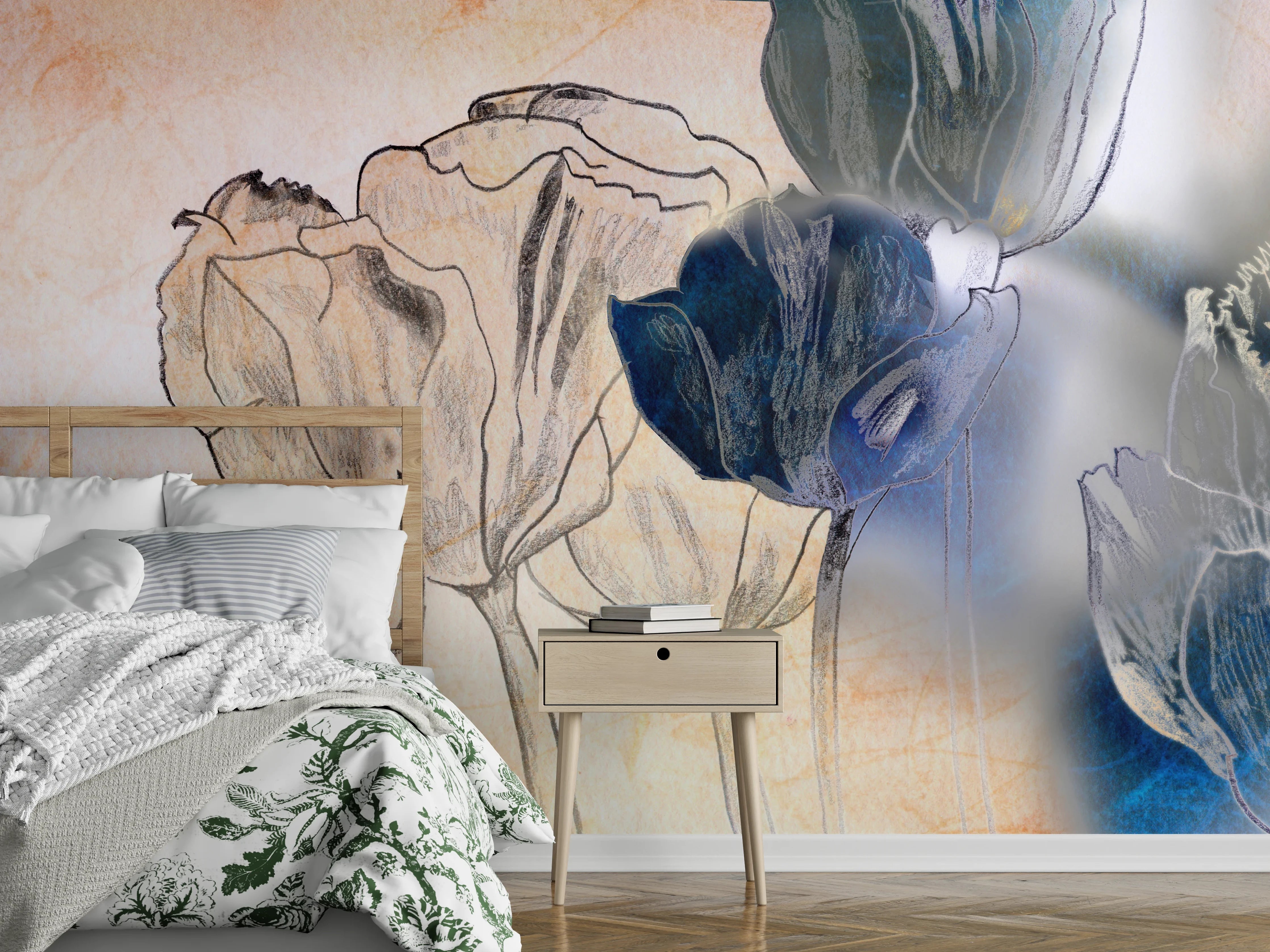 Wandverkleidung Schlafzimmer - Blumen Aquarell-Lineart mit Pastellfarben