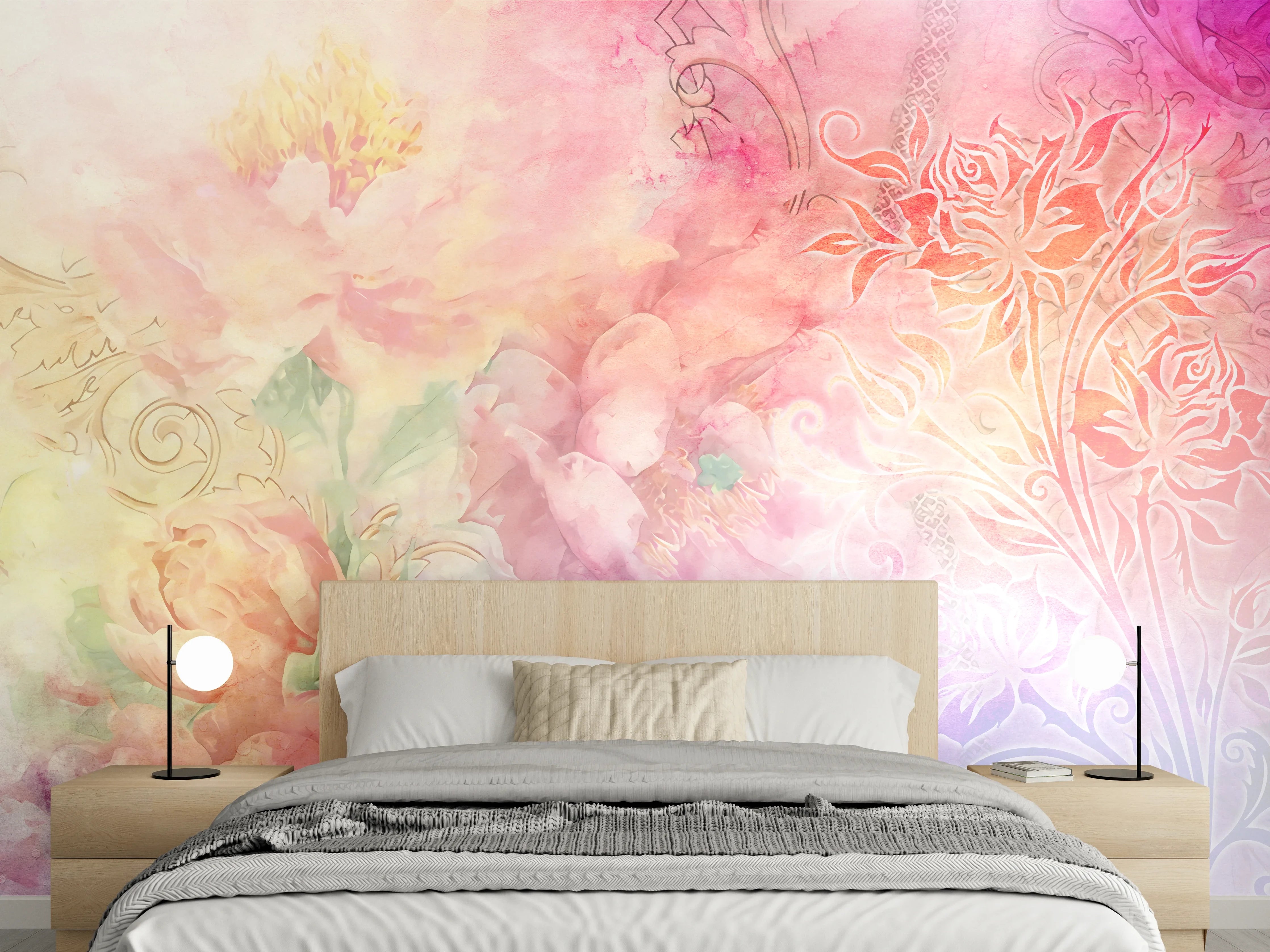 Wandverkleidung Schlafzimmer - Blumen Aquarell Pastell Wandbild