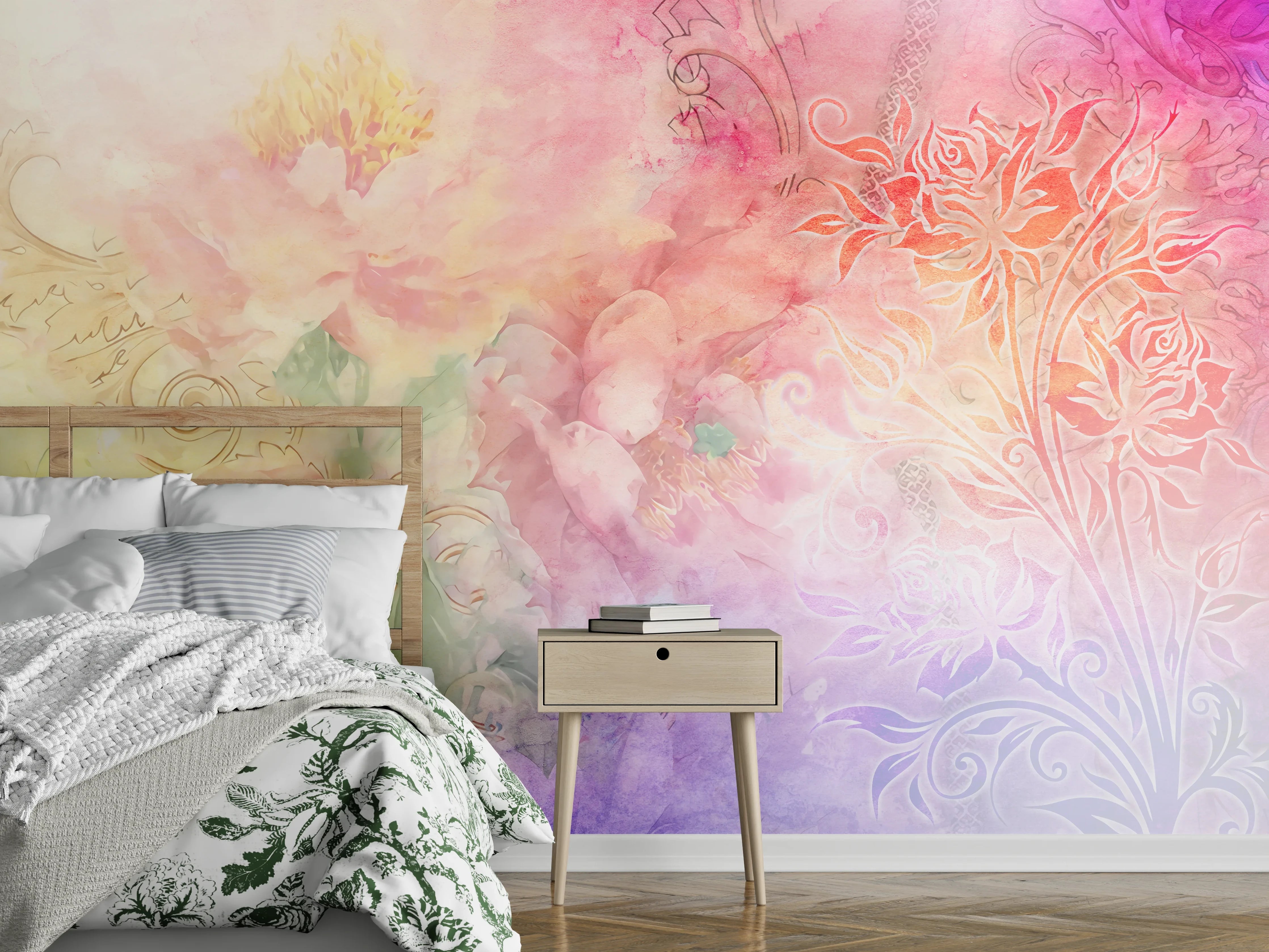 Wandverkleidung Schlafzimmer - Blumen Aquarell Pastell Wandbild