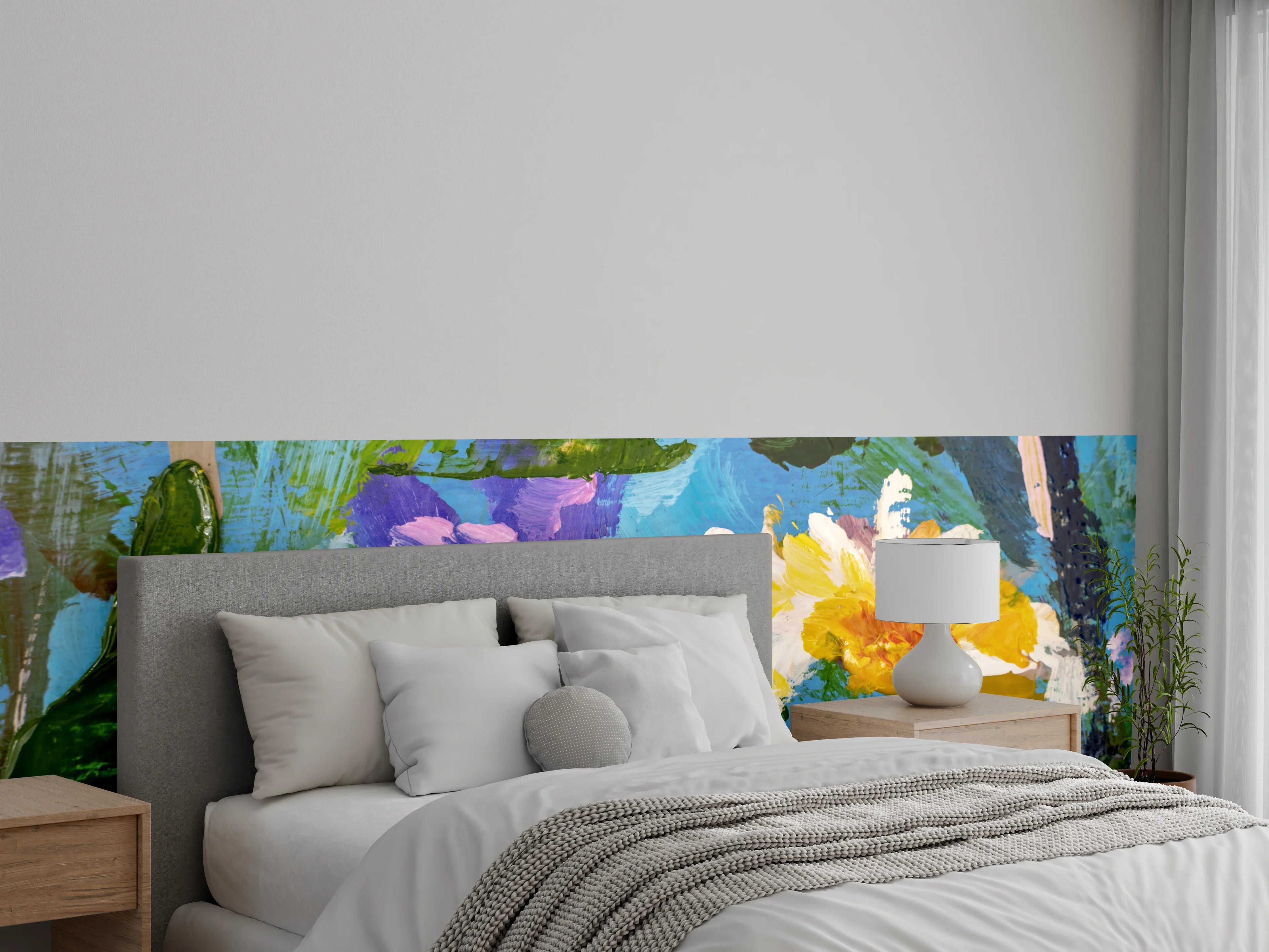 Wandverkleidung Schlafzimmer - Blumen Aquarell auf blauem Grund