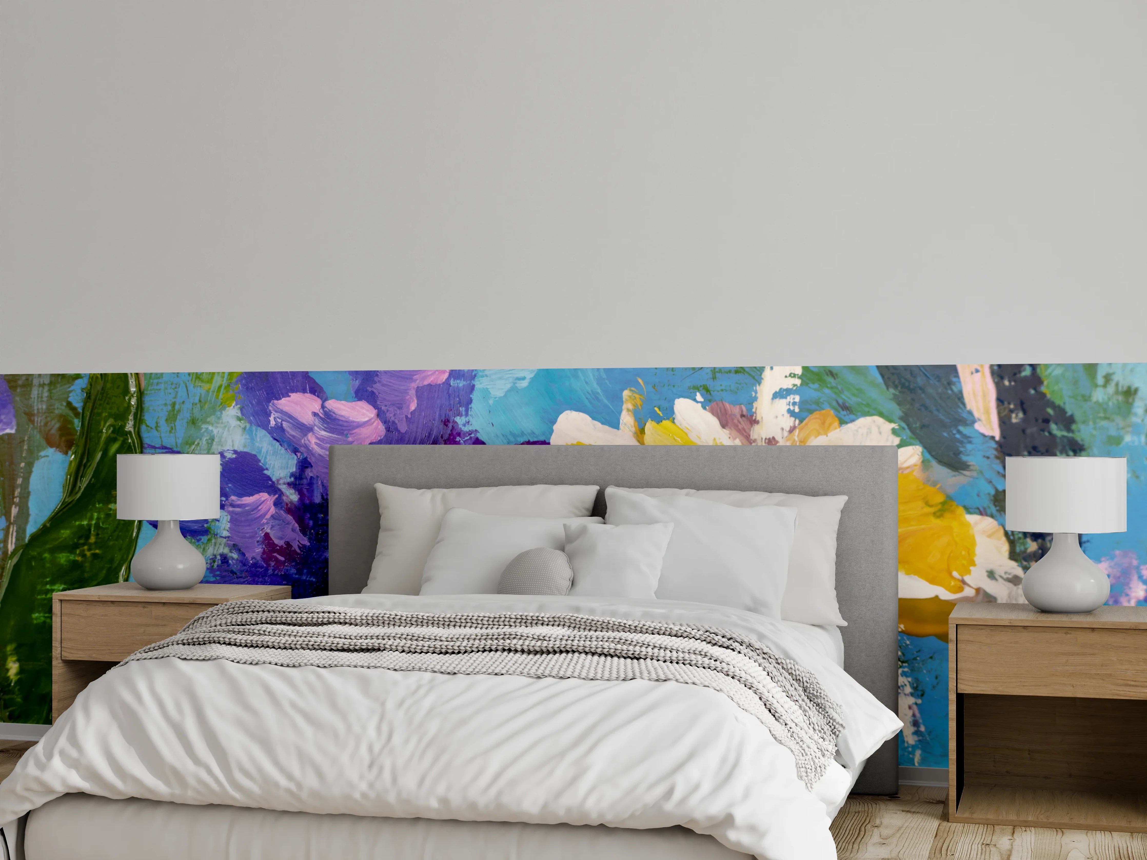 Wandverkleidung Schlafzimmer - Blumen Aquarell auf blauem Grund
