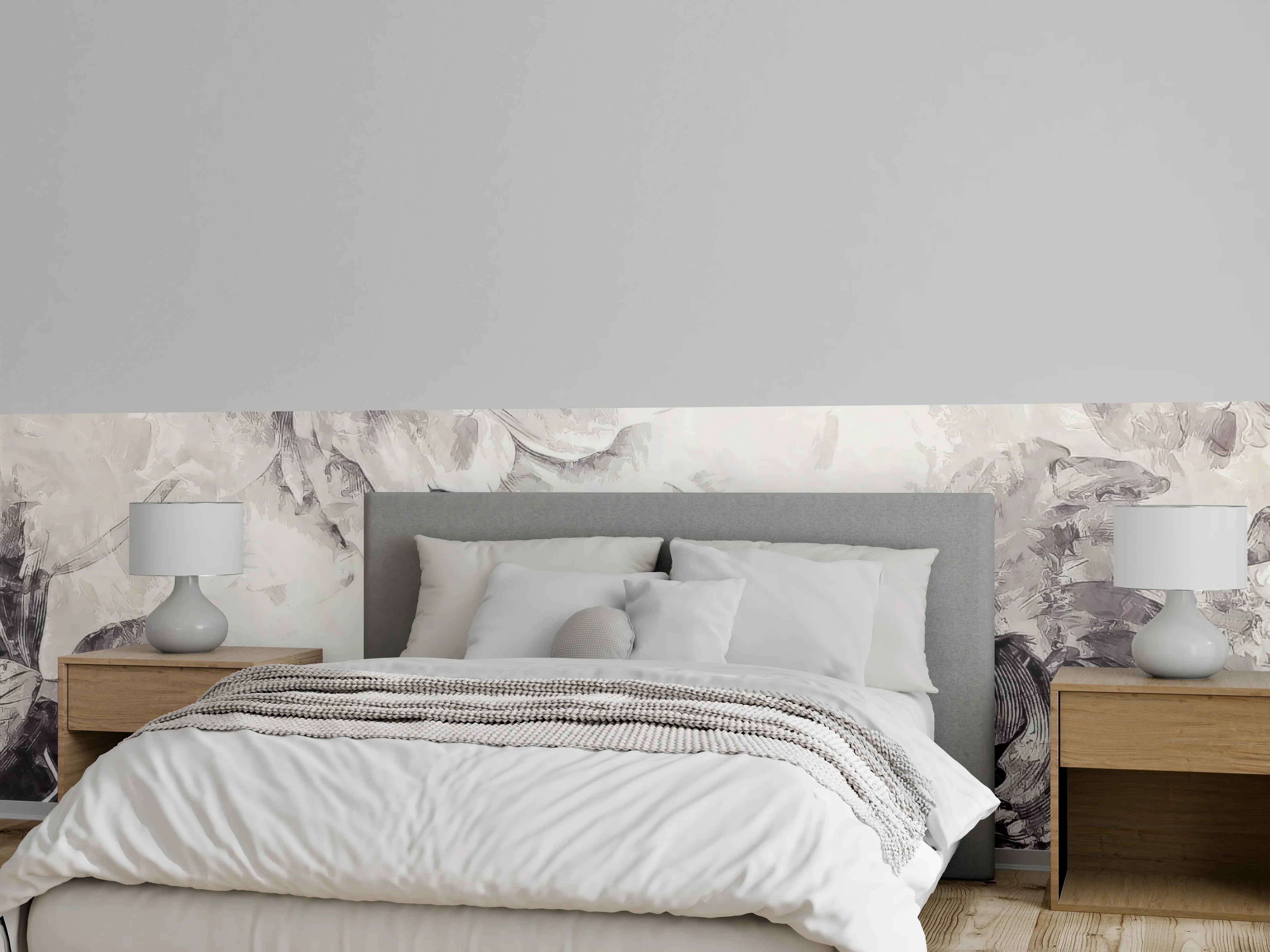 Wandverkleidung Schlafzimmer - Blumen-Aquarell in Schwarz-Weiß-Optik