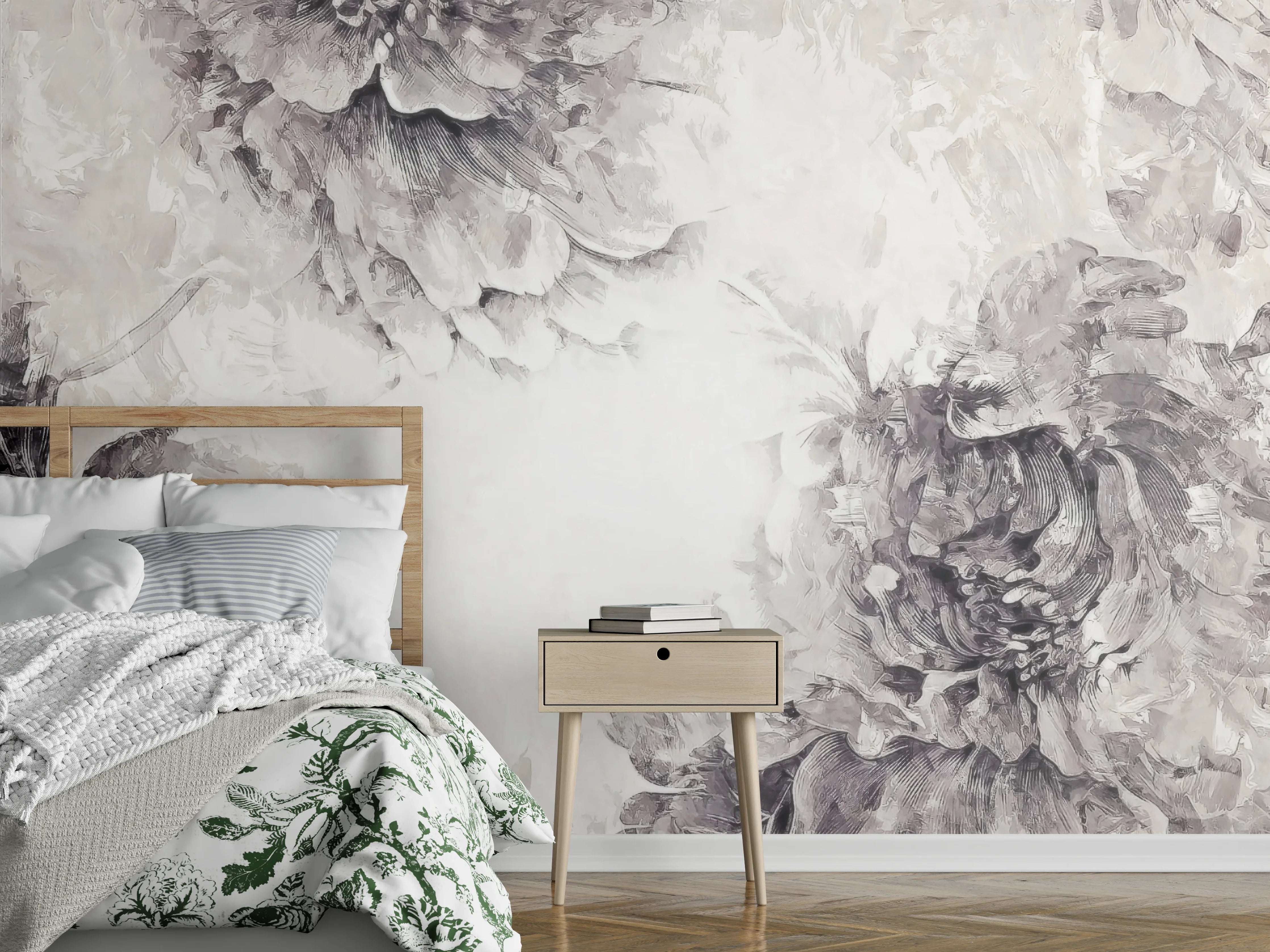 Wandverkleidung Schlafzimmer - Blumen-Aquarell in Schwarz-Weiß-Optik