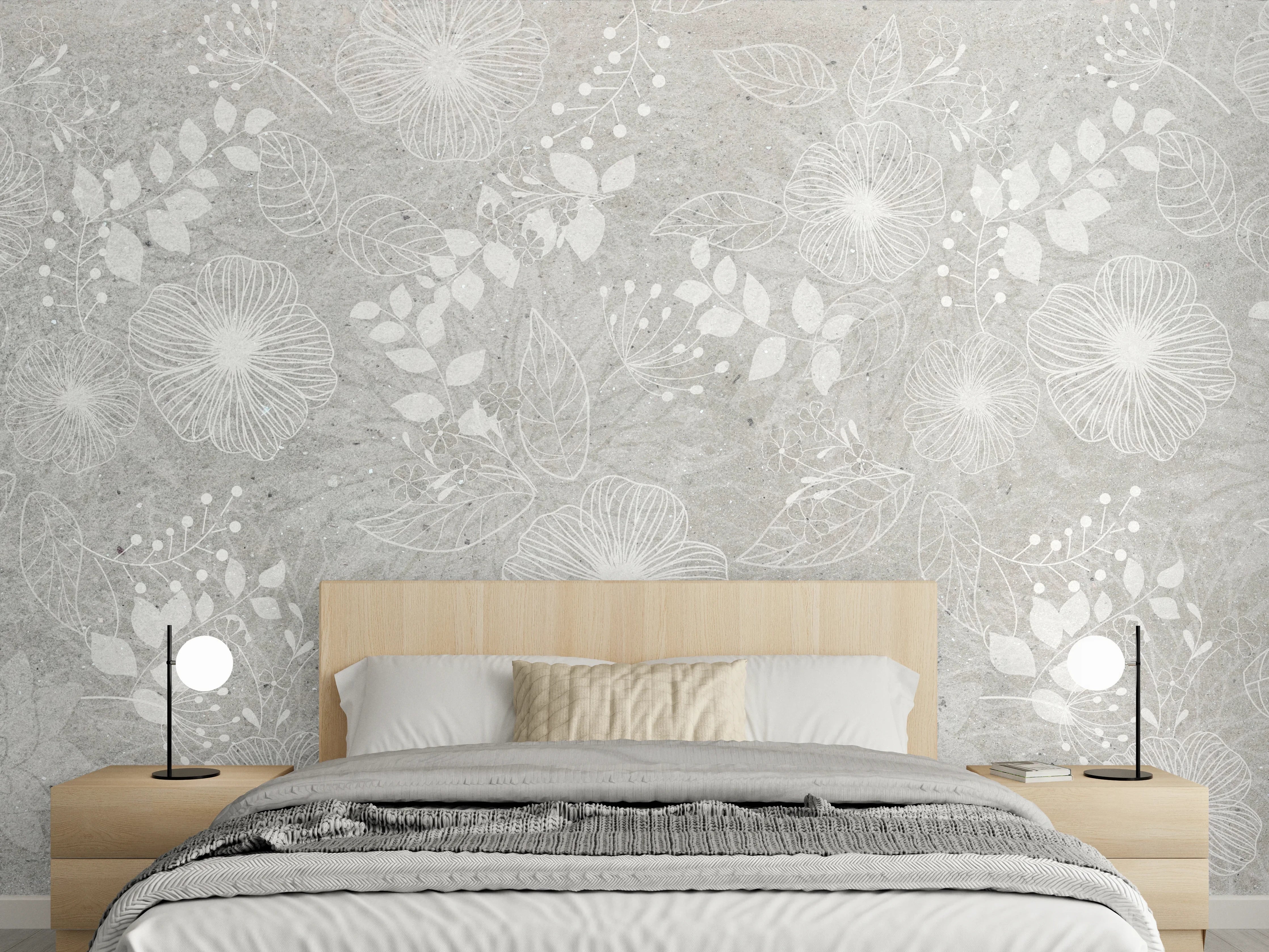 Wandverkleidung Schlafzimmer - Blumen auf grauem Beton