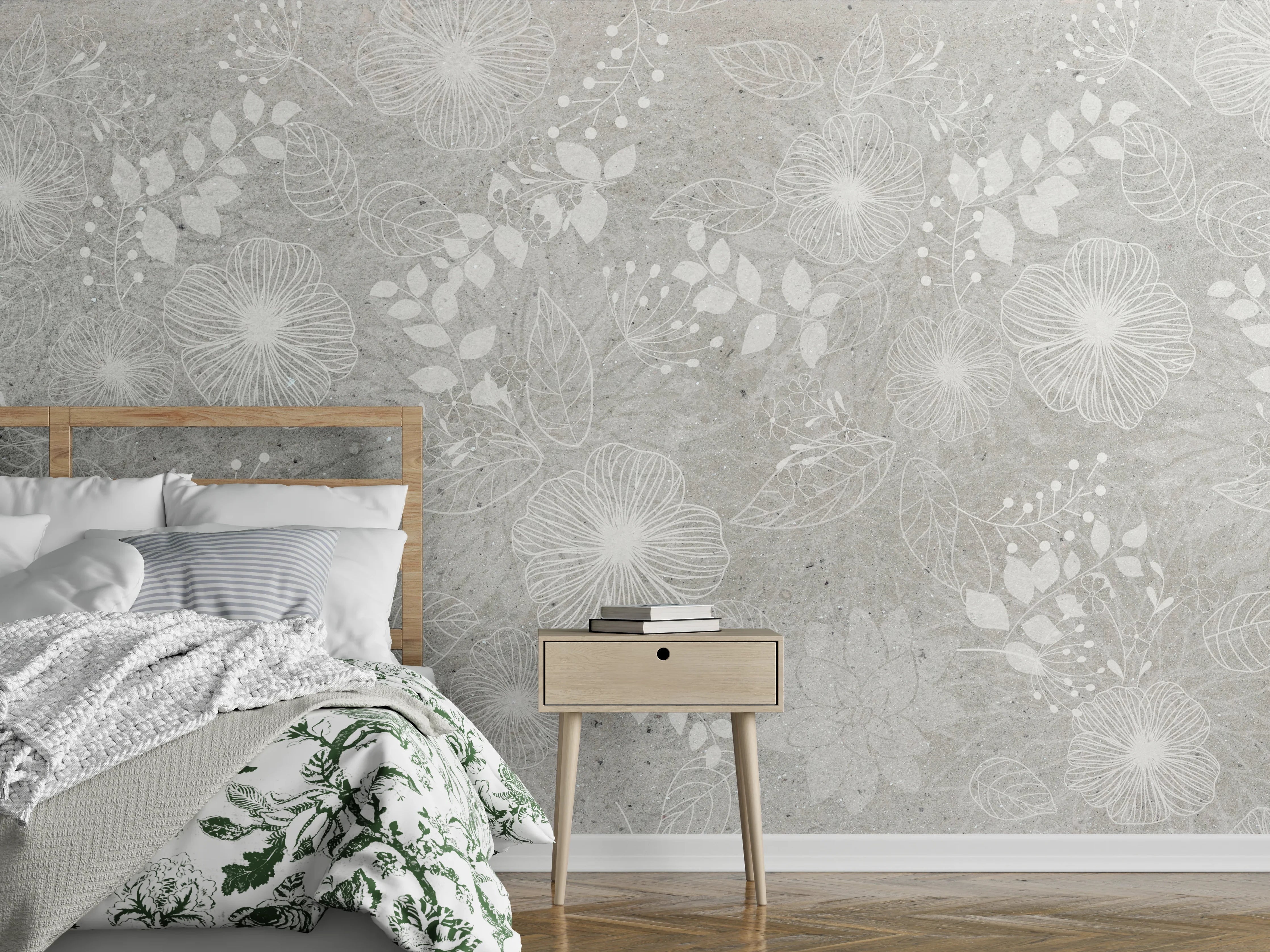 Wandverkleidung Schlafzimmer - Blumen auf grauem Beton