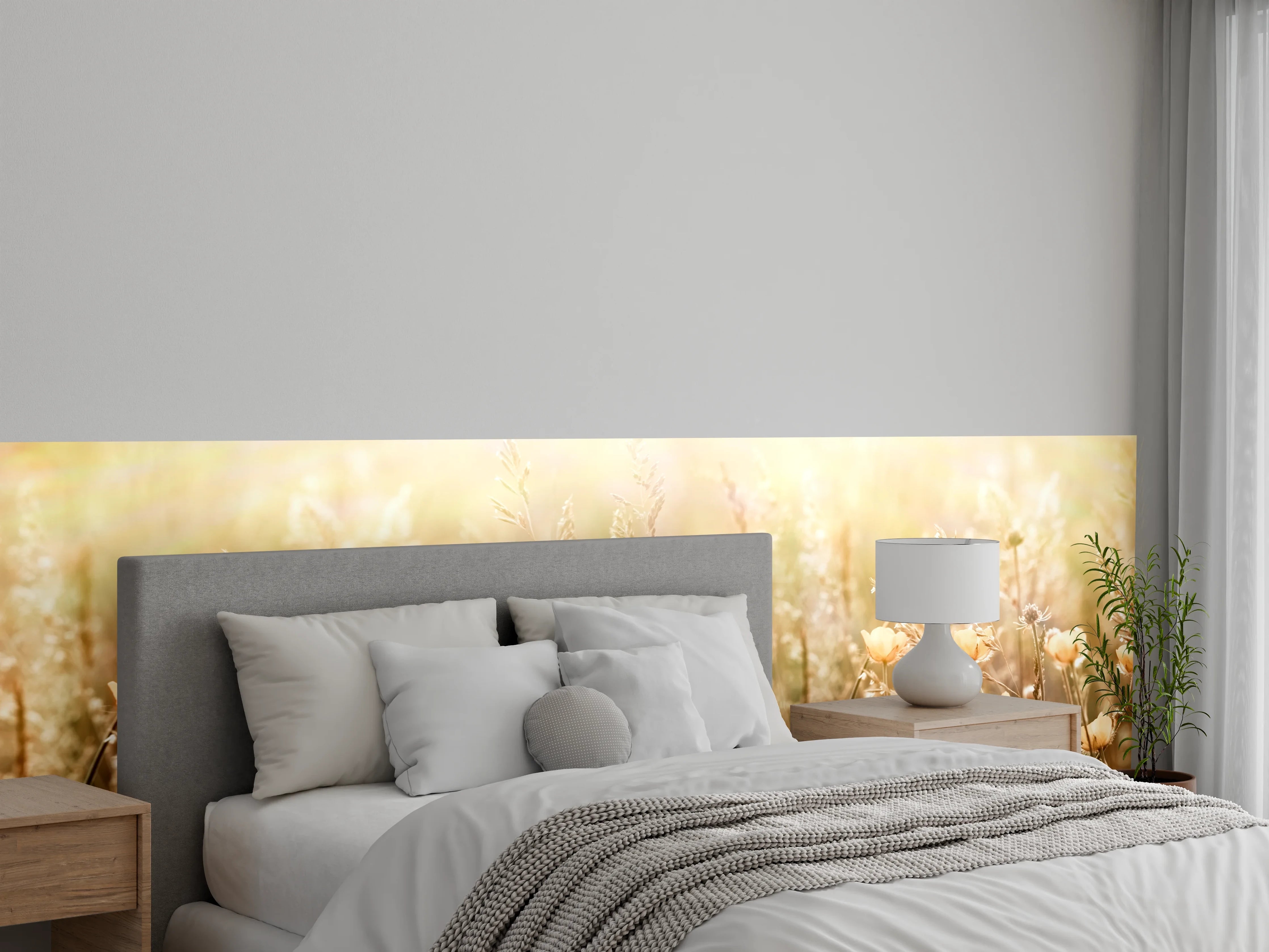 Wandverkleidung Schlafzimmer - Blumenfeld mit Sonnenstrahlen