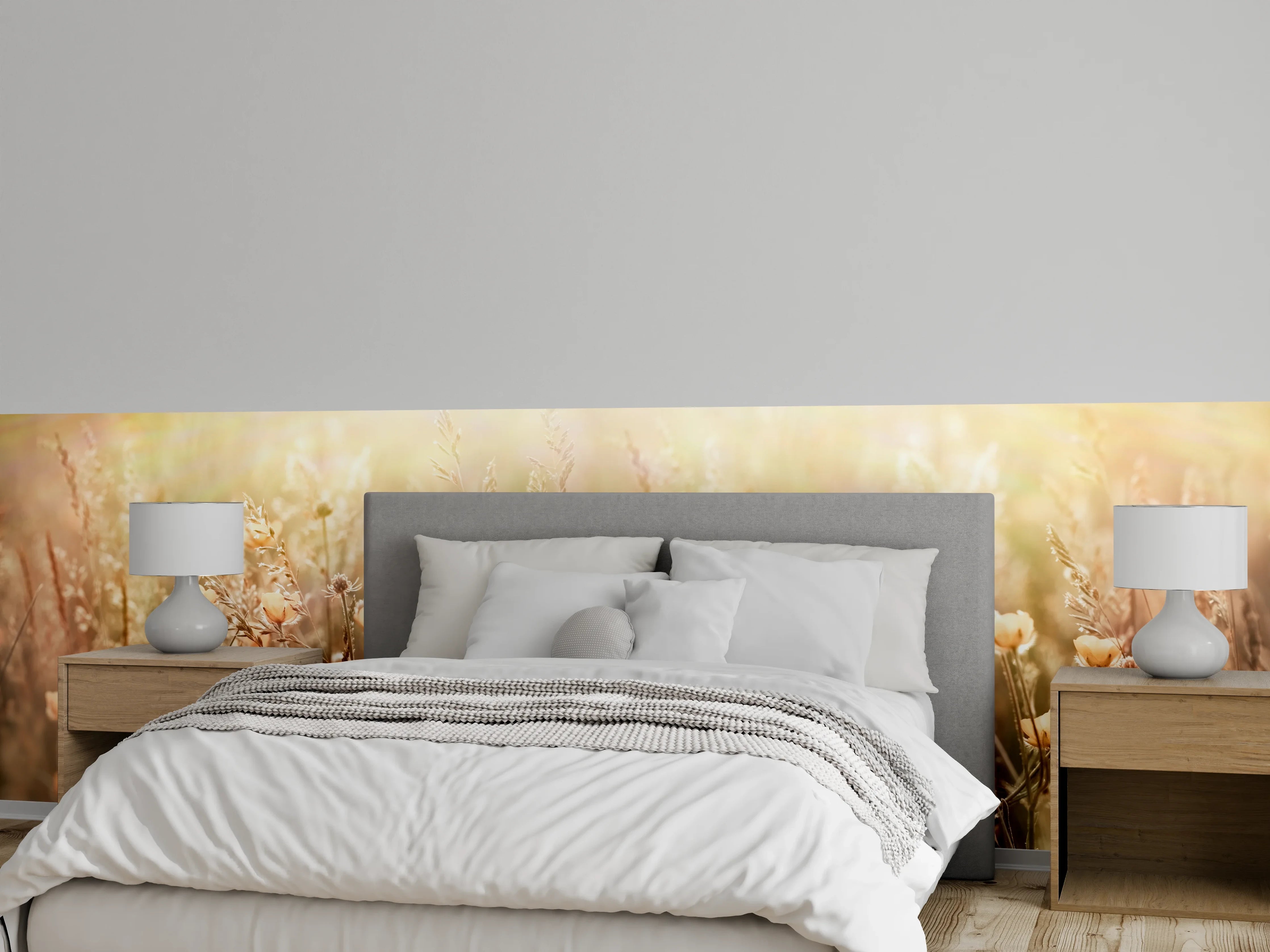 Wandverkleidung Schlafzimmer - Blumenfeld mit Sonnenstrahlen