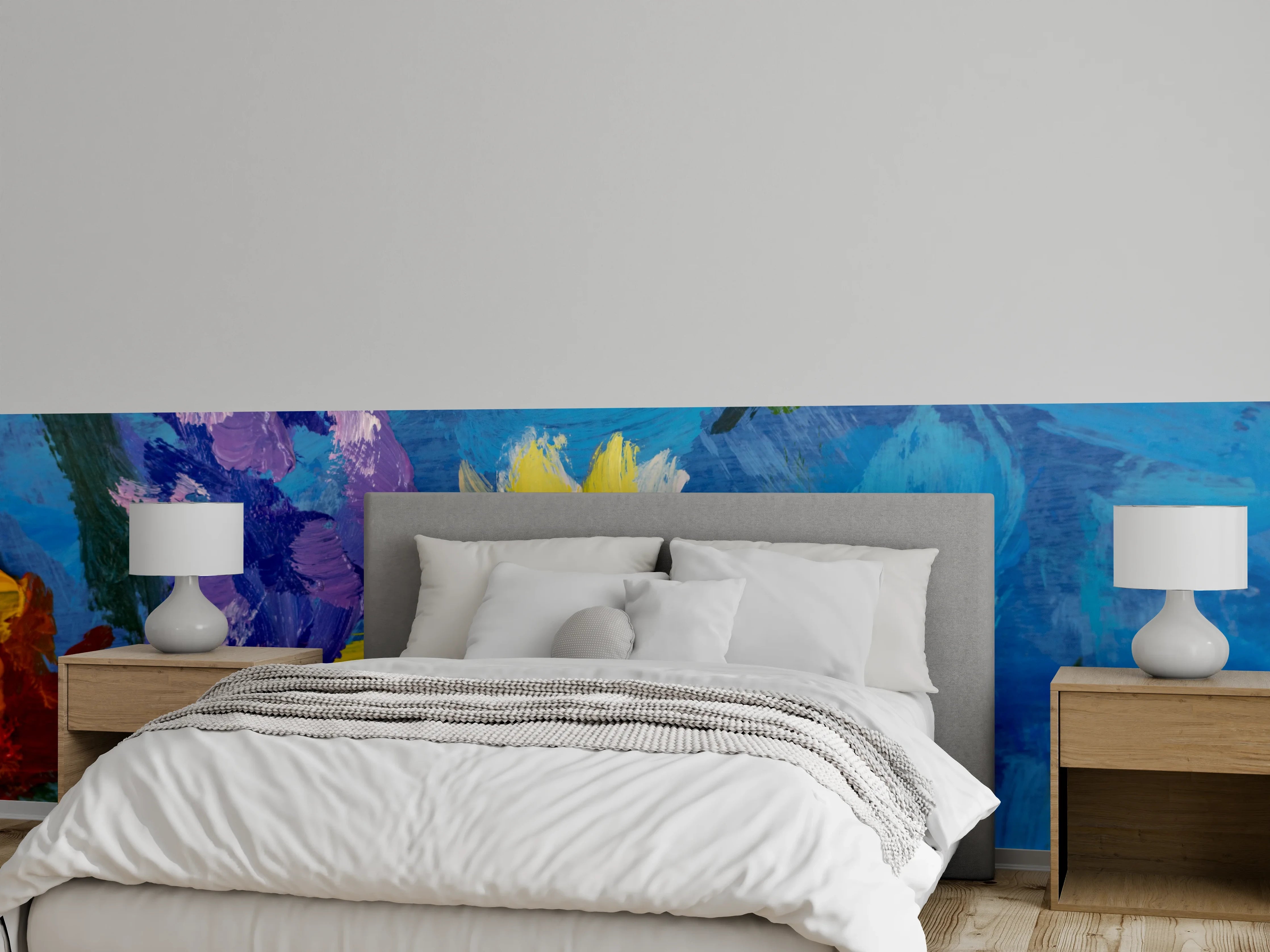 Wandverkleidung Schlafzimmer - Blumenmalerei auf blauem Hintergrund