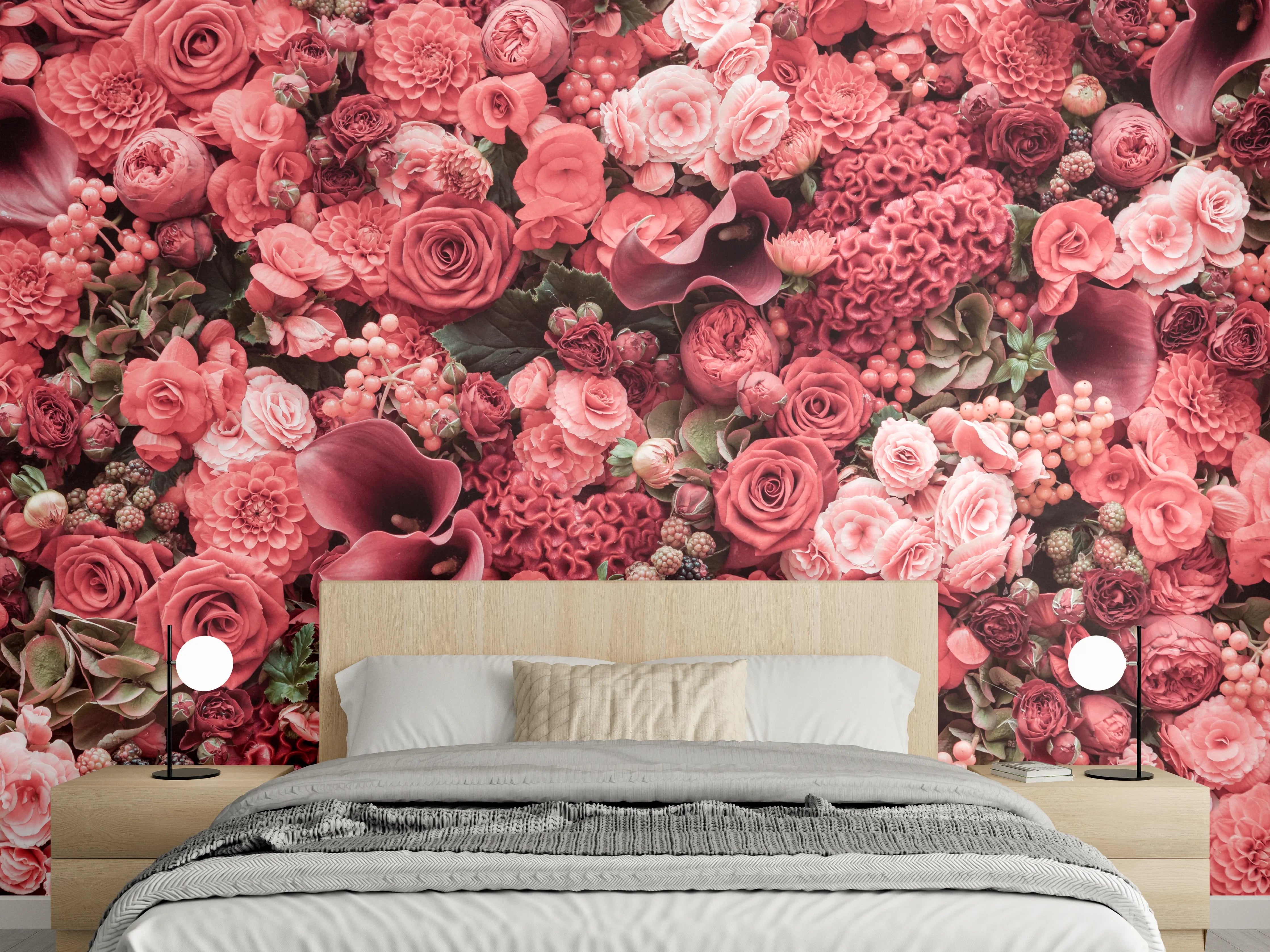 Wandverkleidung Schlafzimmer - Blumenmeer in satten Rosatönen