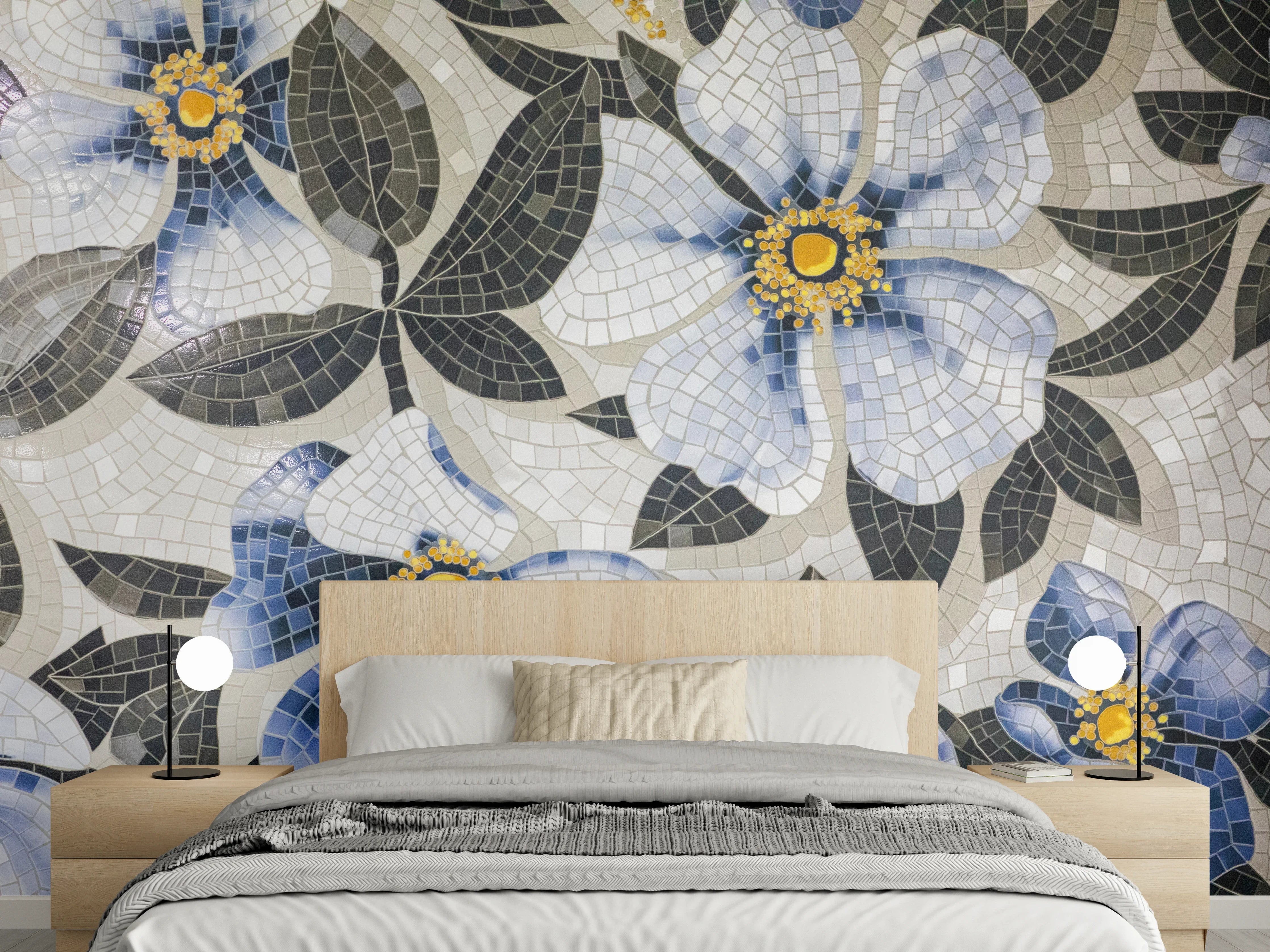 Wandverkleidung Schlafzimmer - Blumenmosaik in Blau, Weiß und Gelb