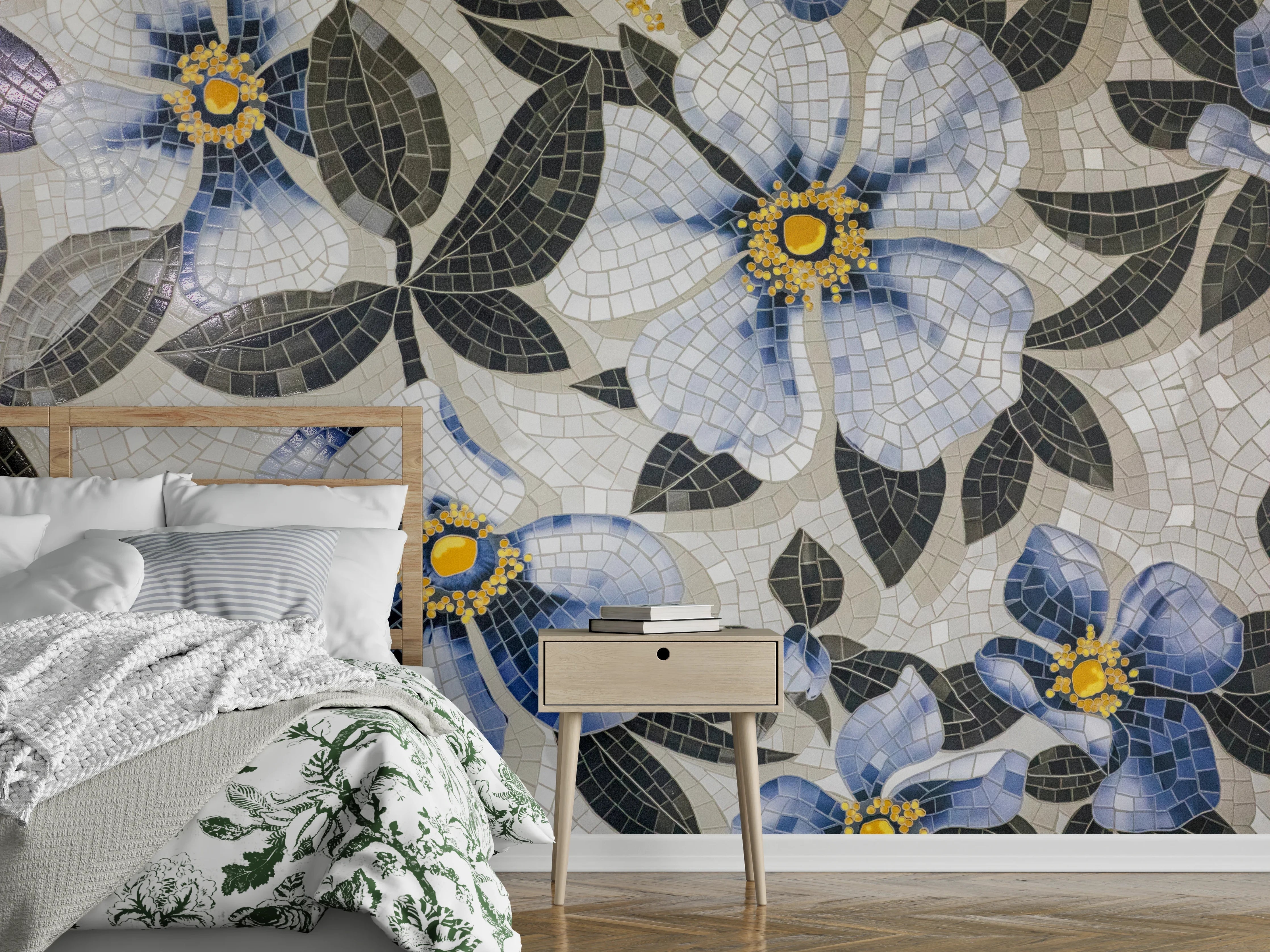 Wandverkleidung Schlafzimmer - Blumenmosaik in Blau, Weiß und Gelb