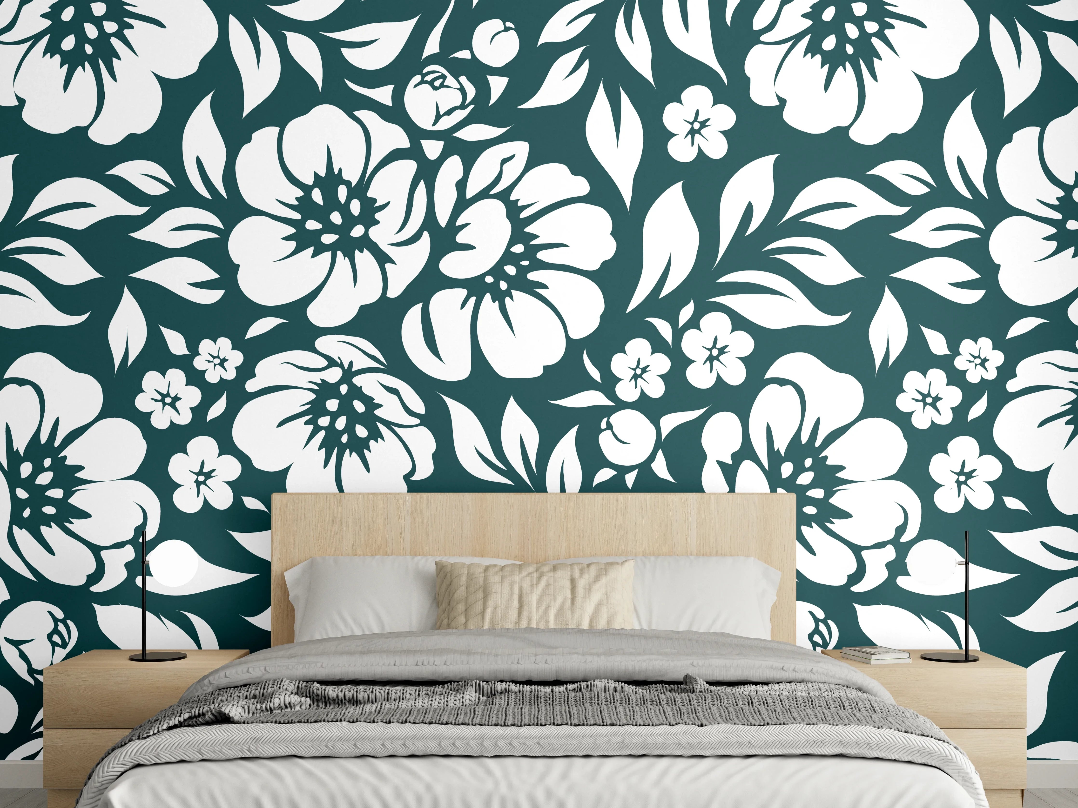 Wandverkleidung Schlafzimmer - Blumenmuster in Dunkelblau und Weiß