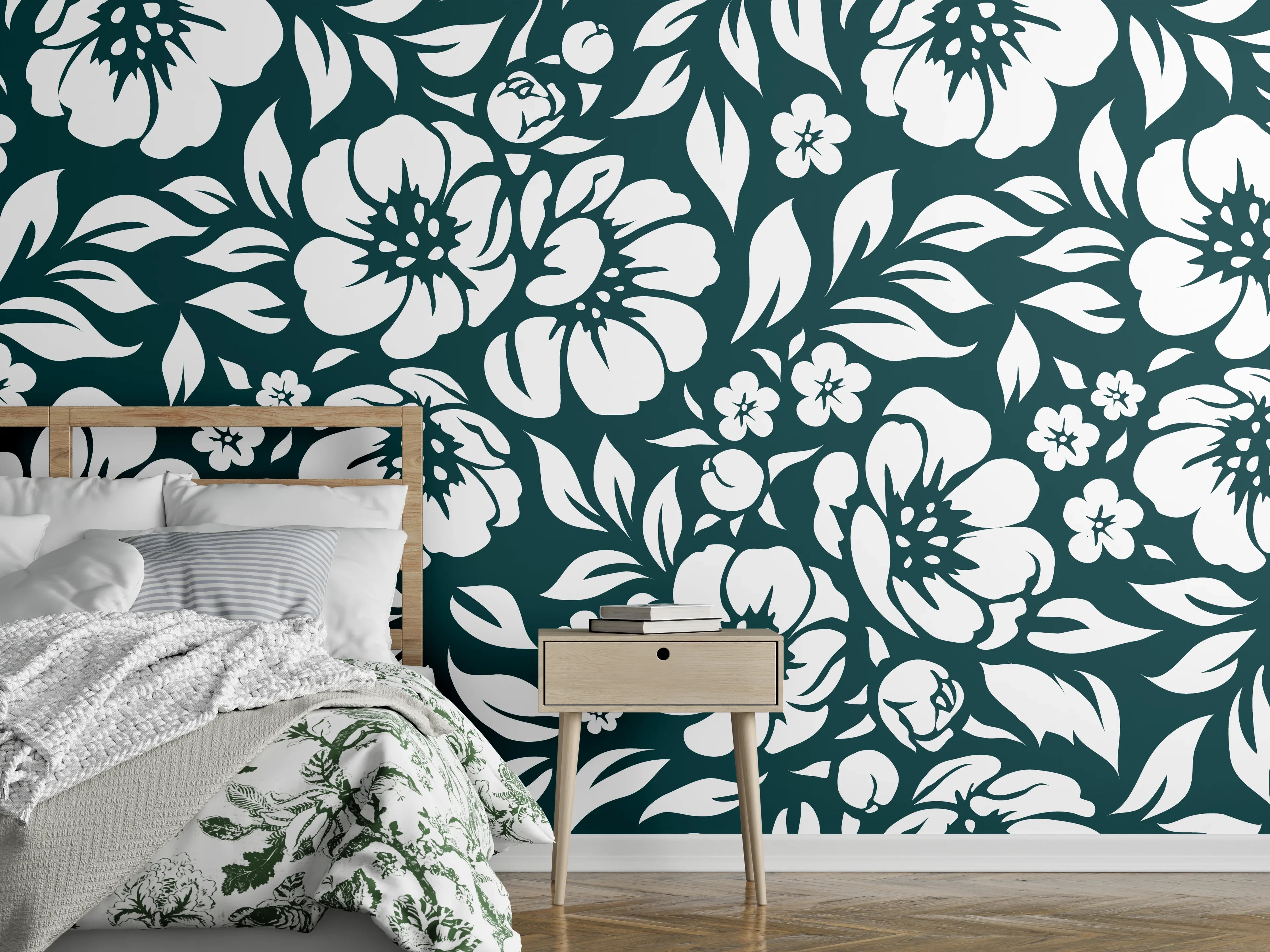 Wandverkleidung Schlafzimmer - Blumenmuster in Dunkelblau und Weiß