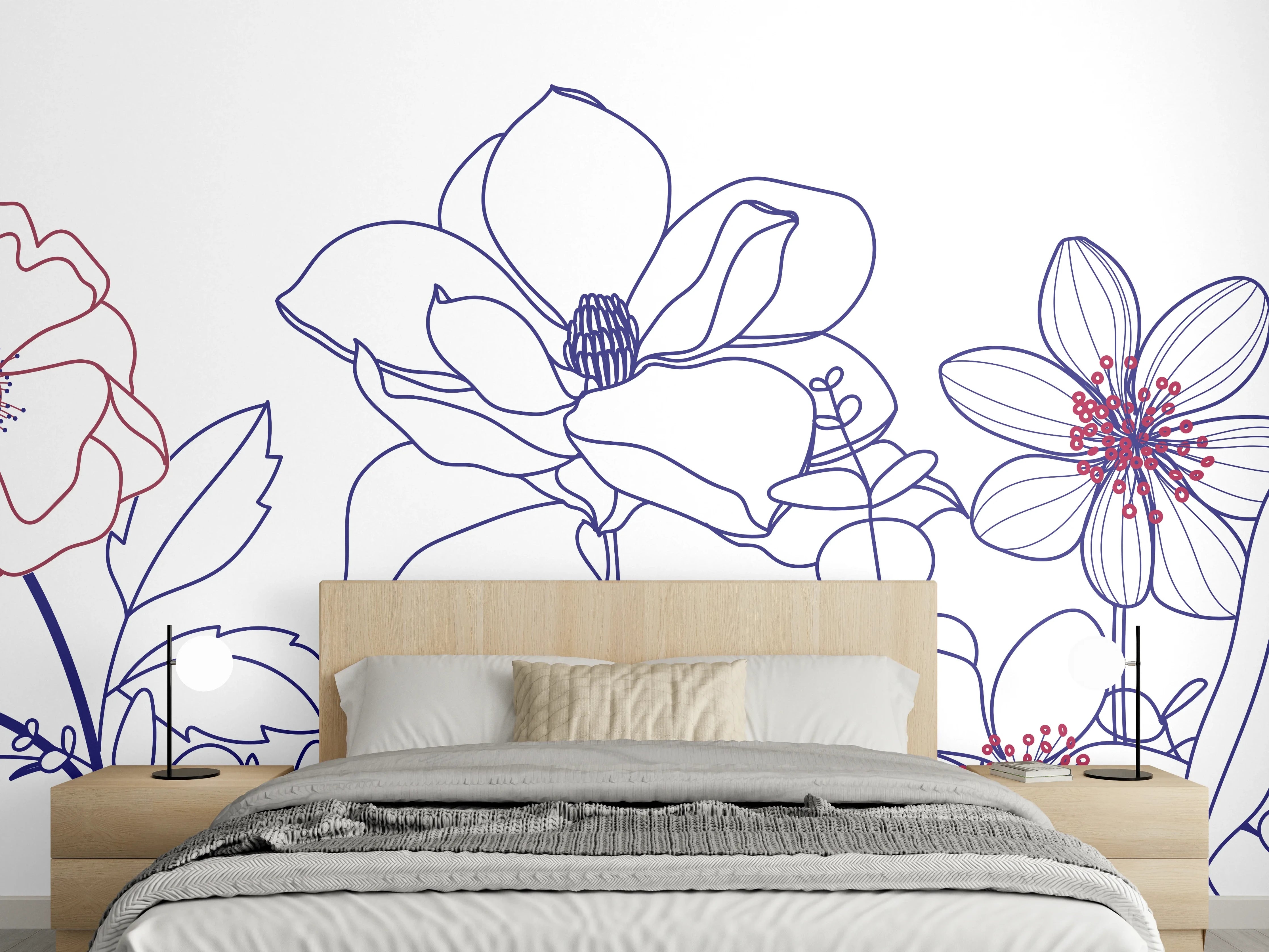 Wandverkleidung Schlafzimmer - Blumenstrauß Linienzeichnung Wanddekor