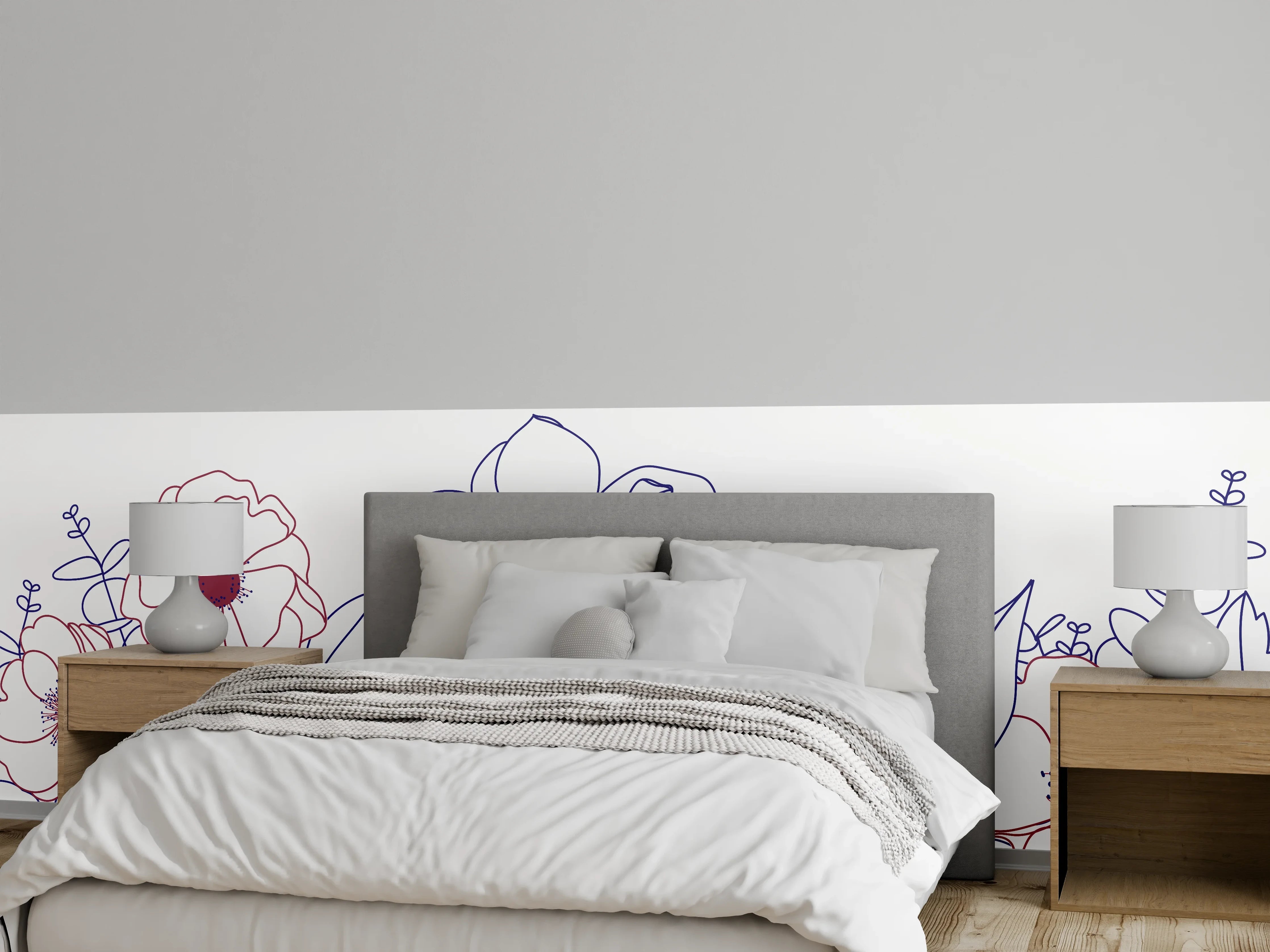 Wandverkleidung Schlafzimmer - Blumenstrauß Linienzeichnung Wanddekor