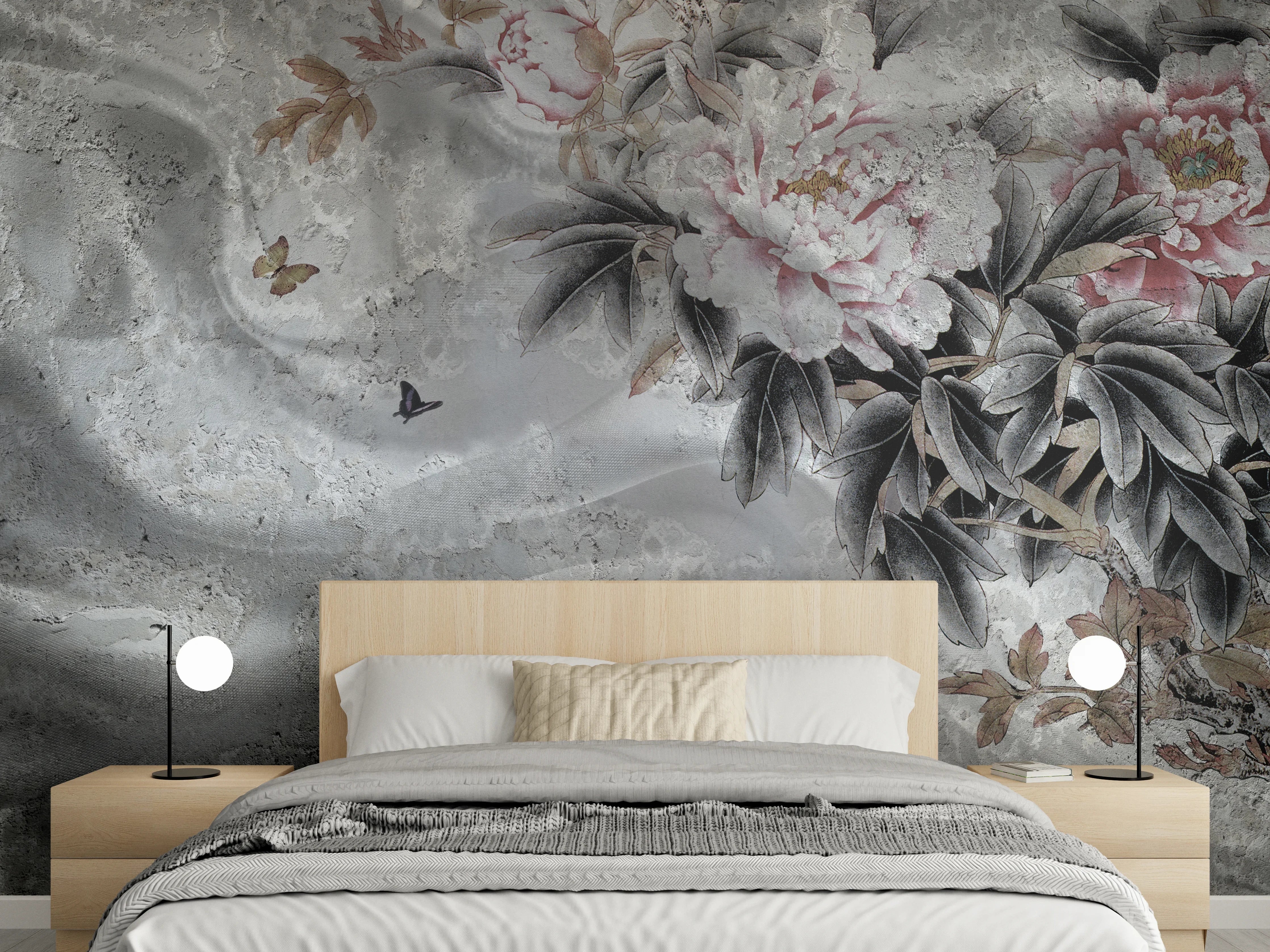 Wandverkleidung Schlafzimmer - Blumenstrauß abgebildet auf Beton