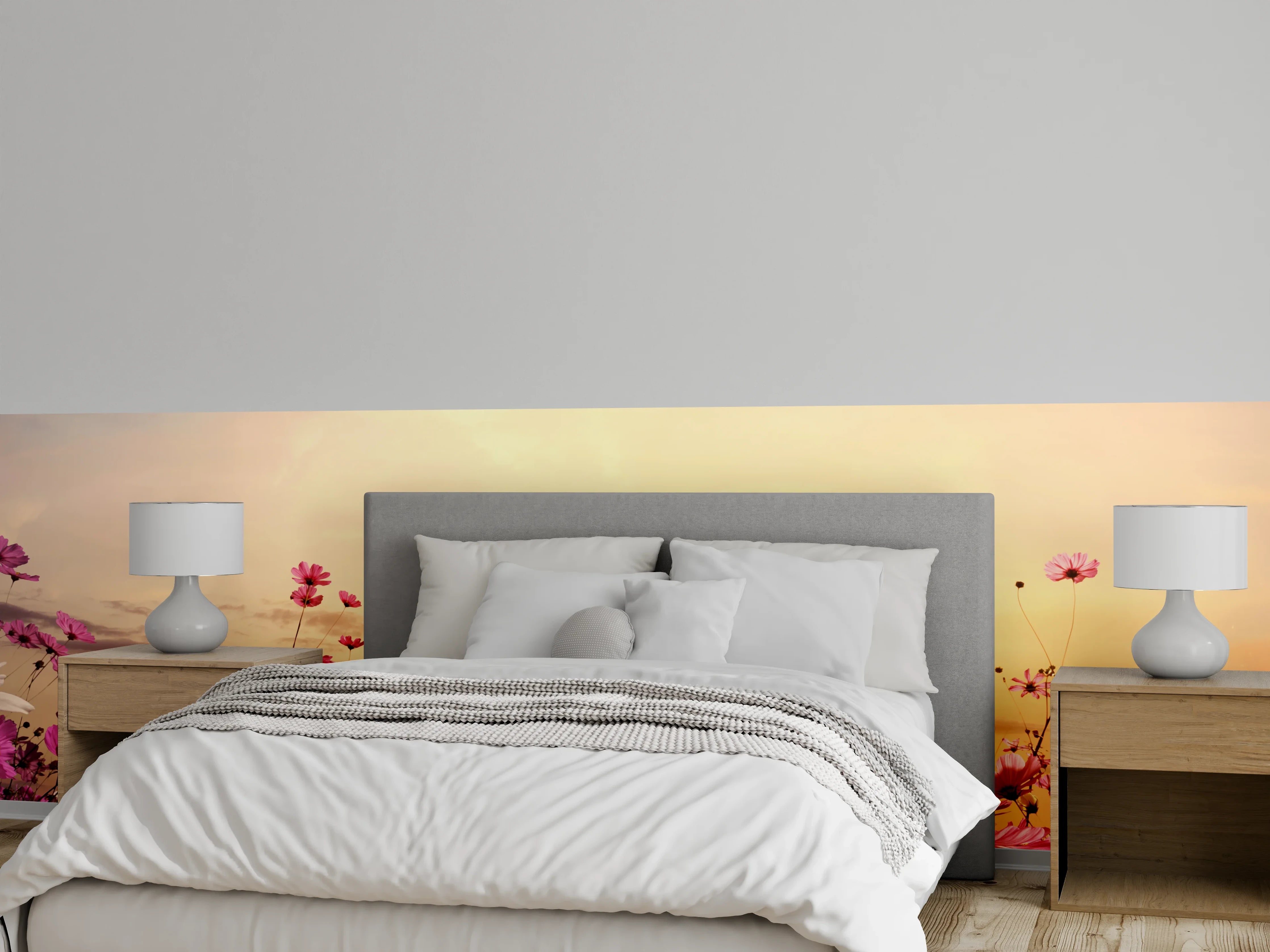 Wandverkleidung Schlafzimmer - Blumenwiese bei Sonnenuntergang Panorama
