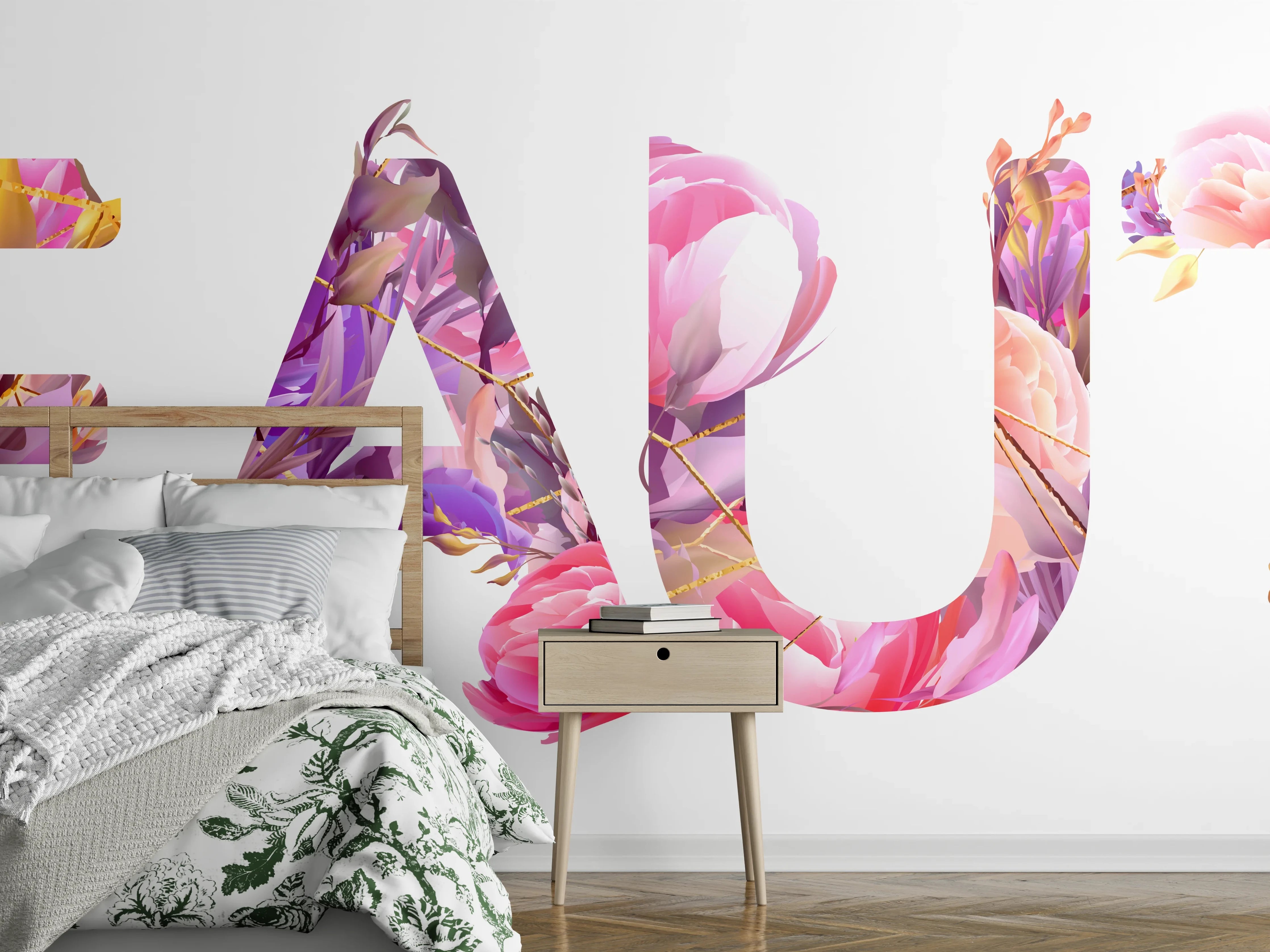 Wandverkleidung Schlafzimmer - Blumige Beauty-Schrift