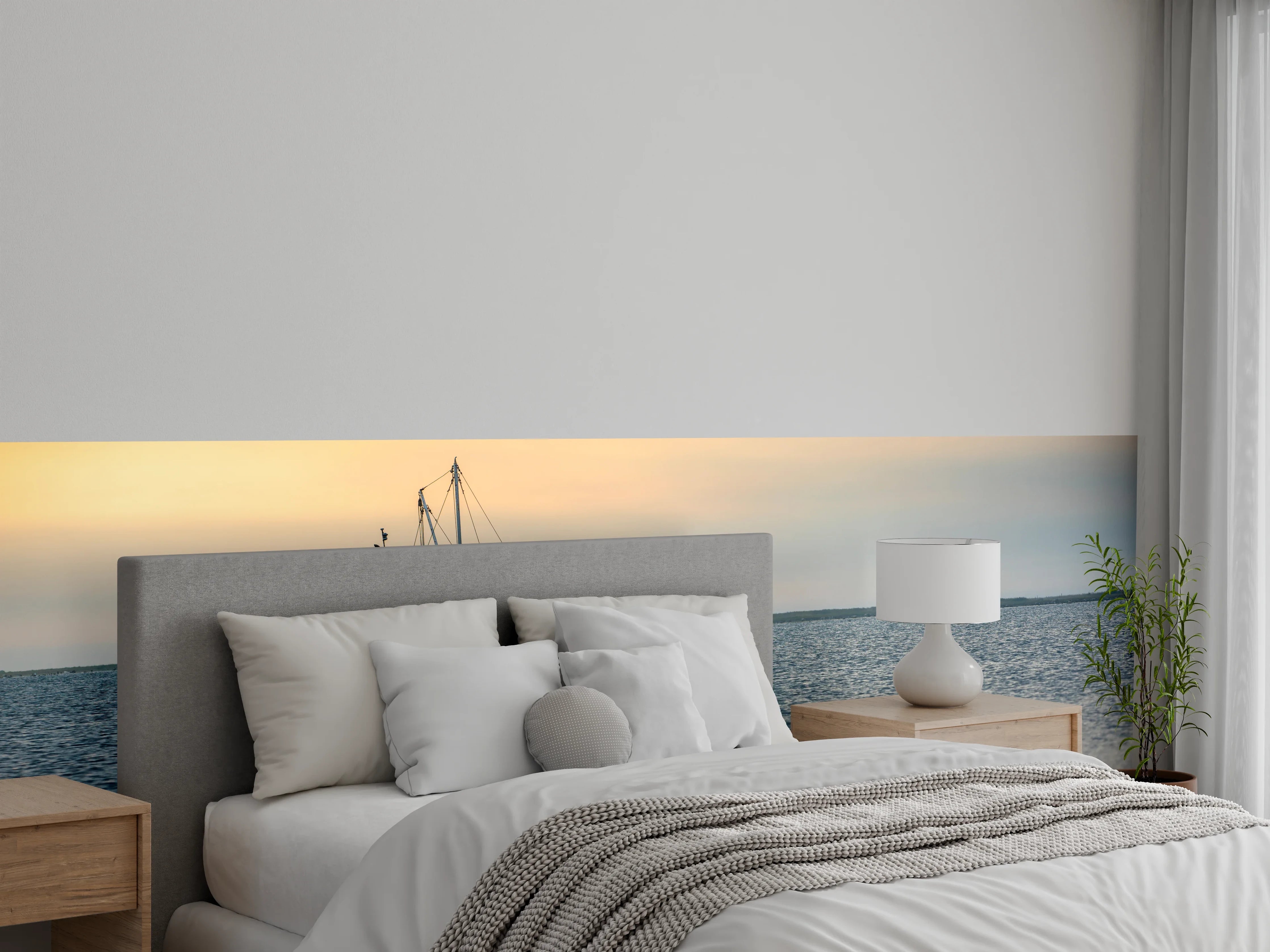 Wandverkleidung Schlafzimmer - Boot bei Sonnenuntergang auf ruhigem See
