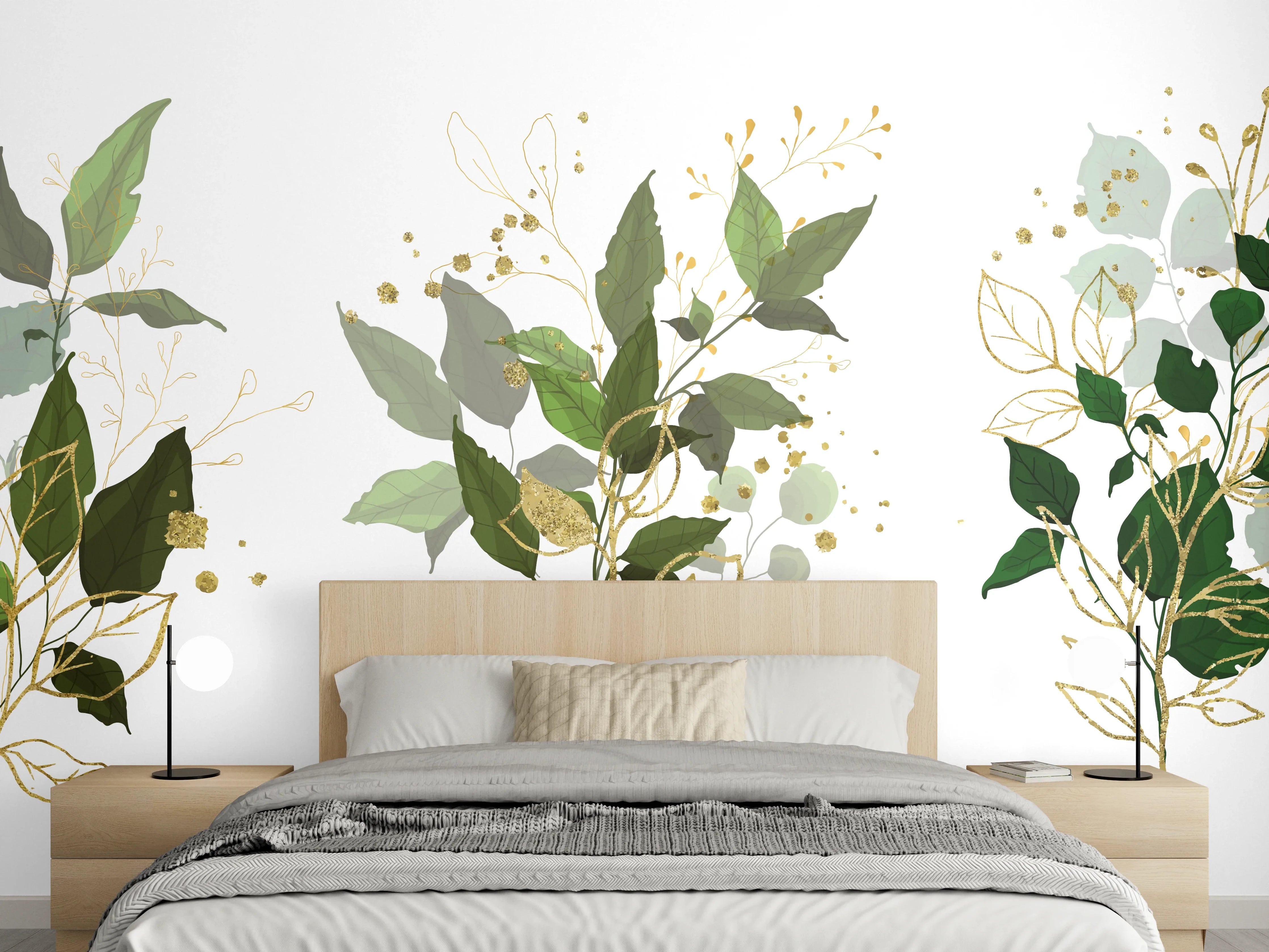 Wandverkleidung Schlafzimmer - Botanik Gold Grün Dekor