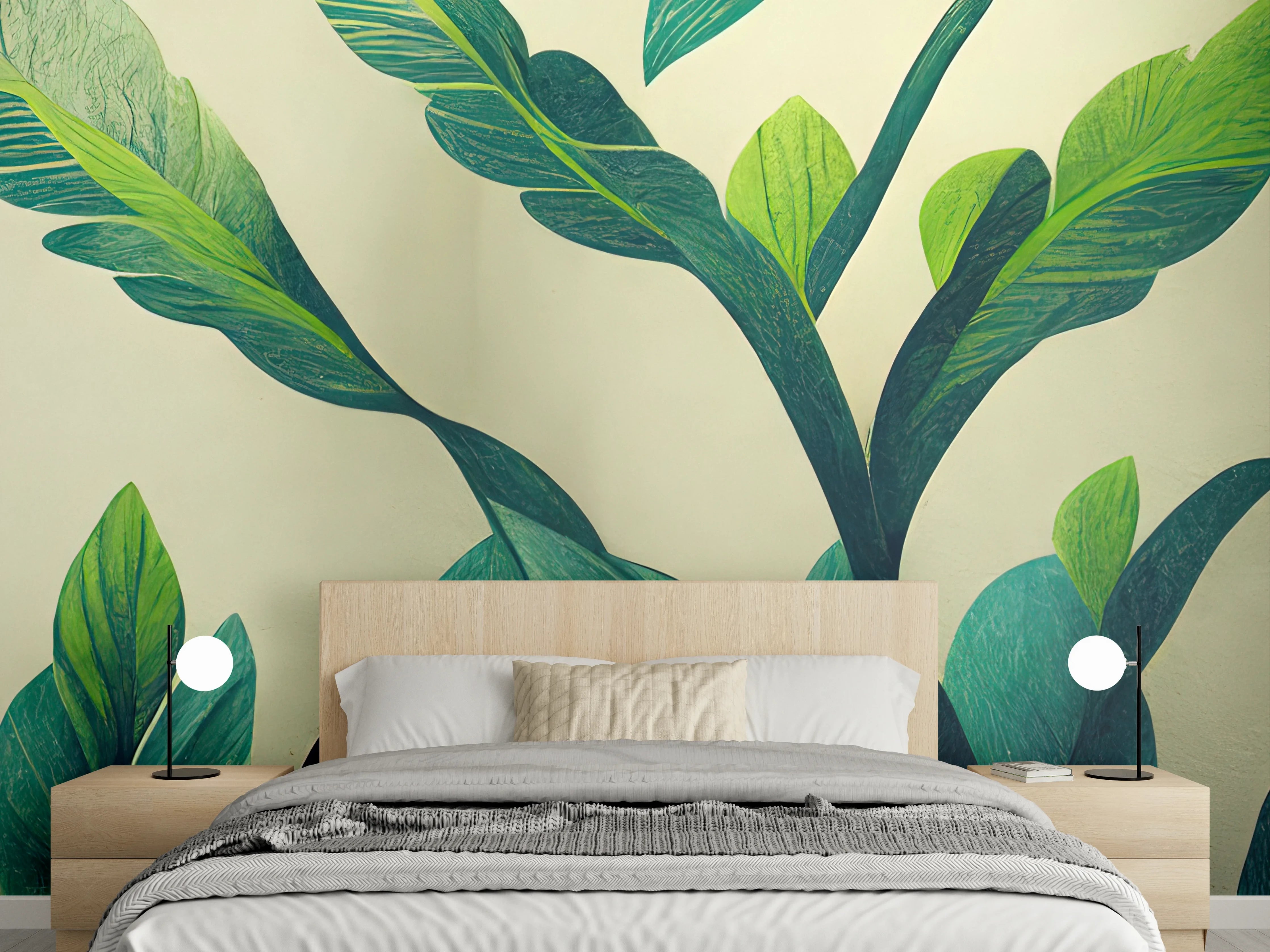 Wandverkleidung Schlafzimmer - Botanische Blätter auf hellem Grund