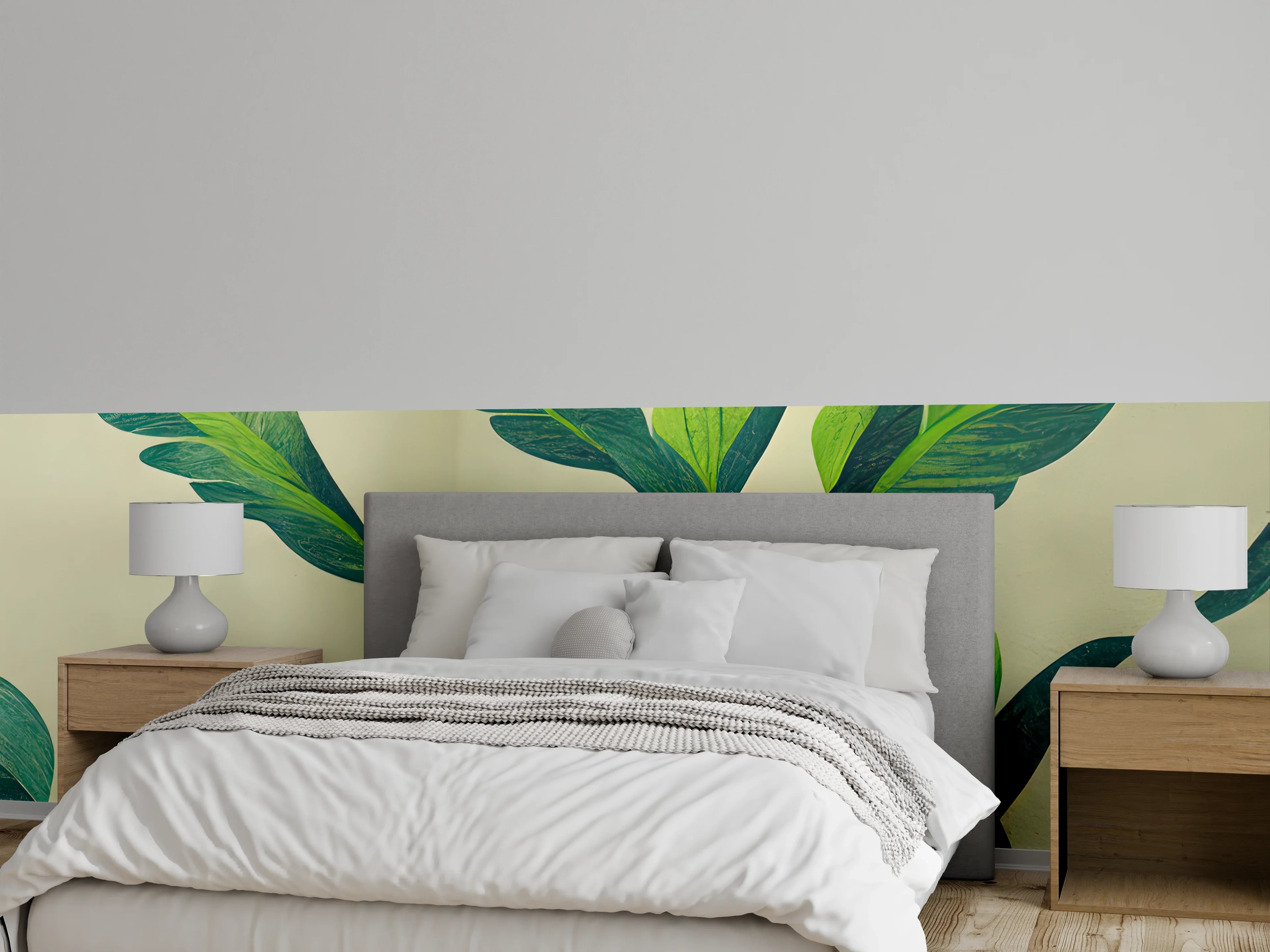 Wandverkleidung Schlafzimmer - Botanische Blätter auf hellem Grund