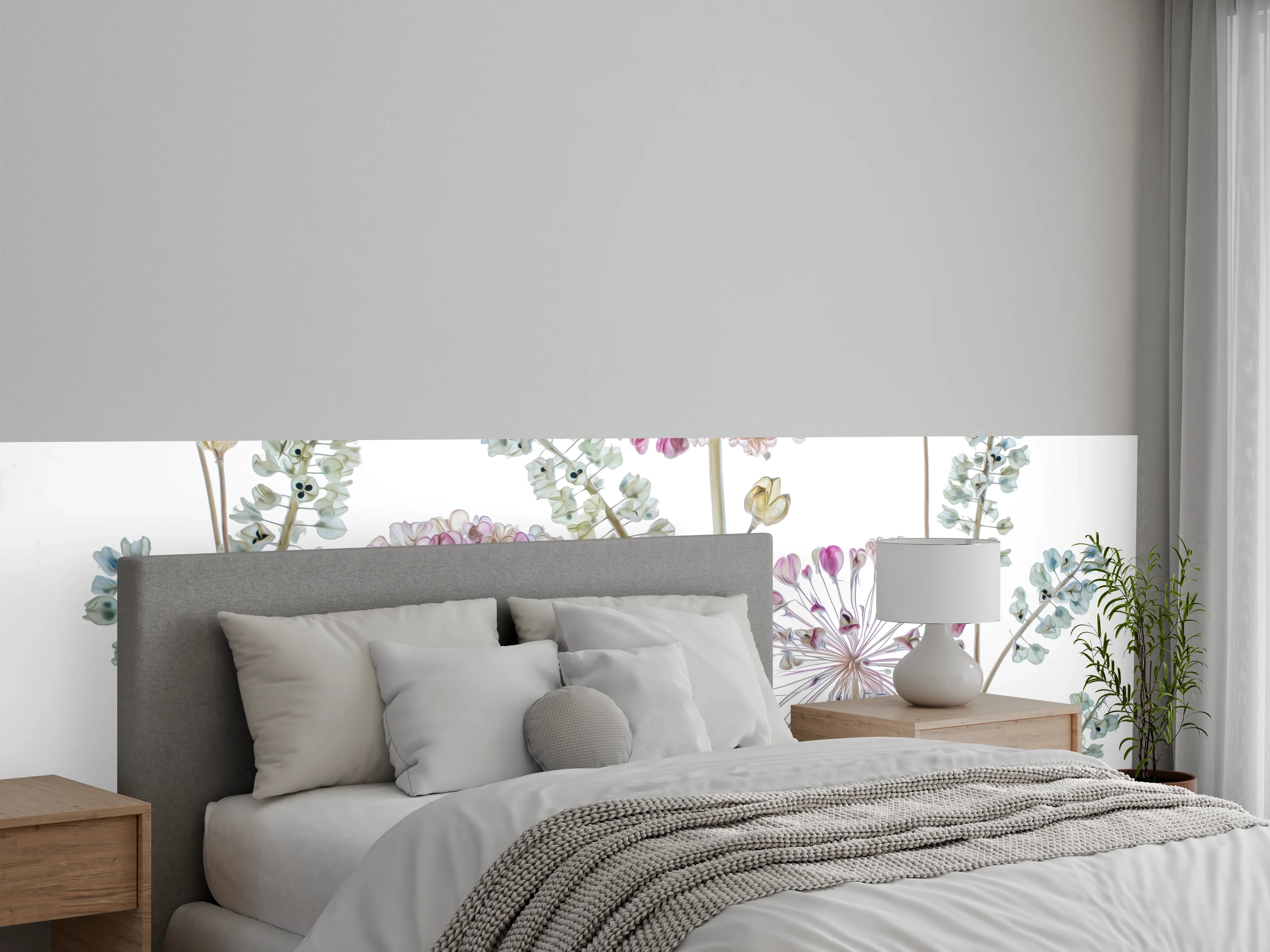 Wandverkleidung Schlafzimmer - Botanische Blütenzeichnung auf Weiß