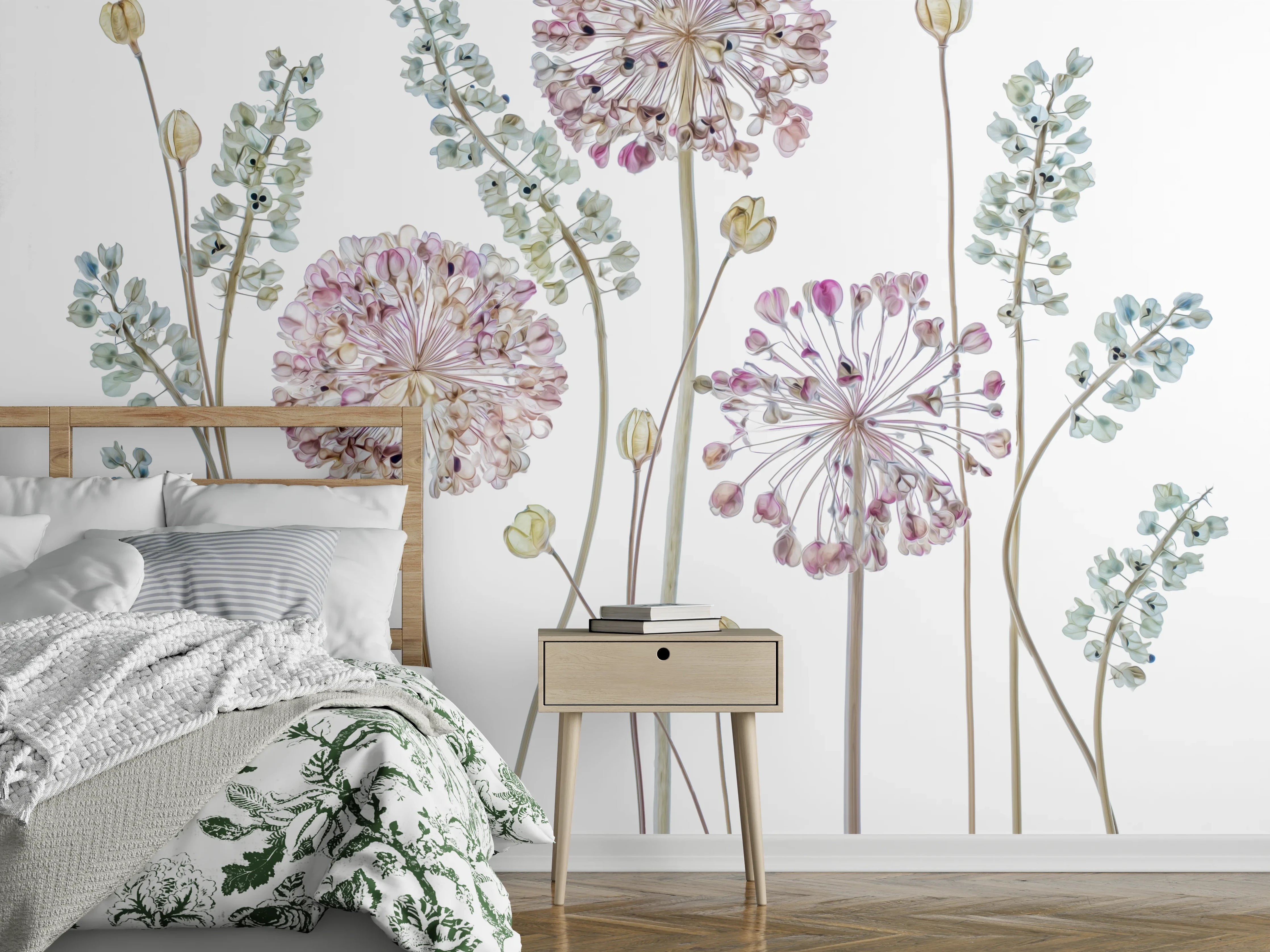 Wandverkleidung Schlafzimmer - Botanische Blütenzeichnung auf Weiß