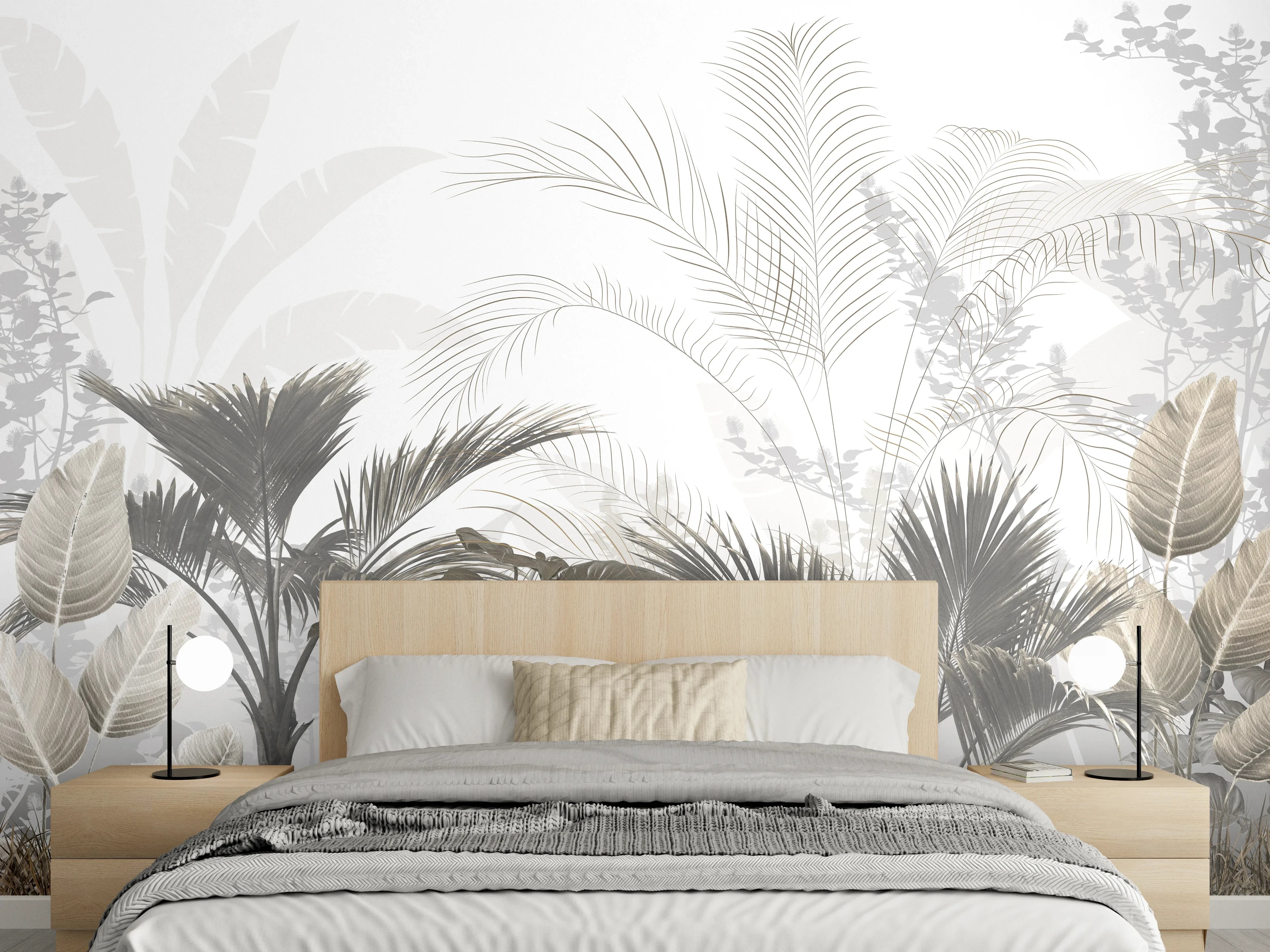 Wandverkleidung Schlafzimmer - Botanischer Weiß-Grau-Dschungel Aquarell
