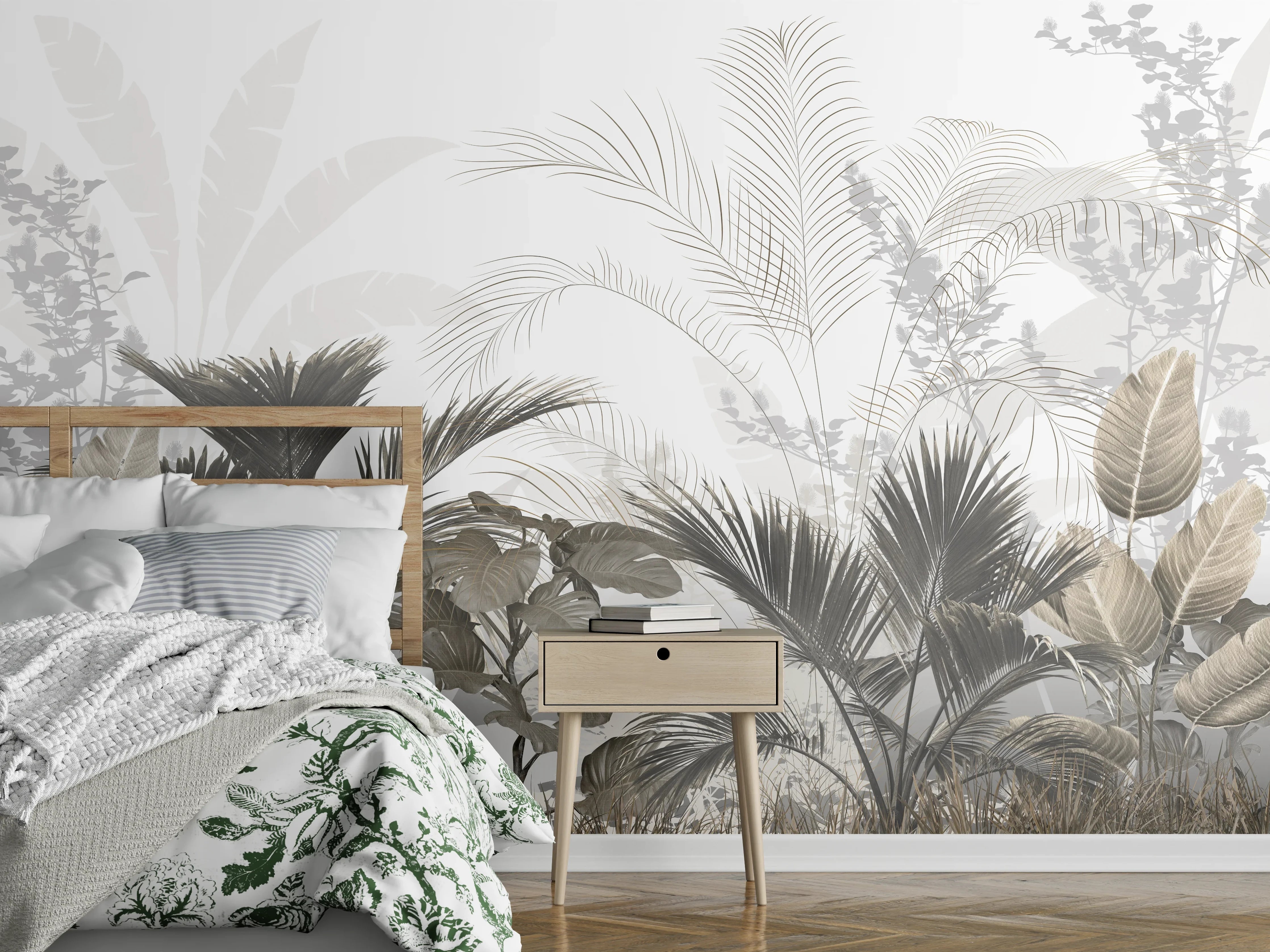 Wandverkleidung Schlafzimmer - Botanischer Weiß-Grau-Dschungel Aquarell