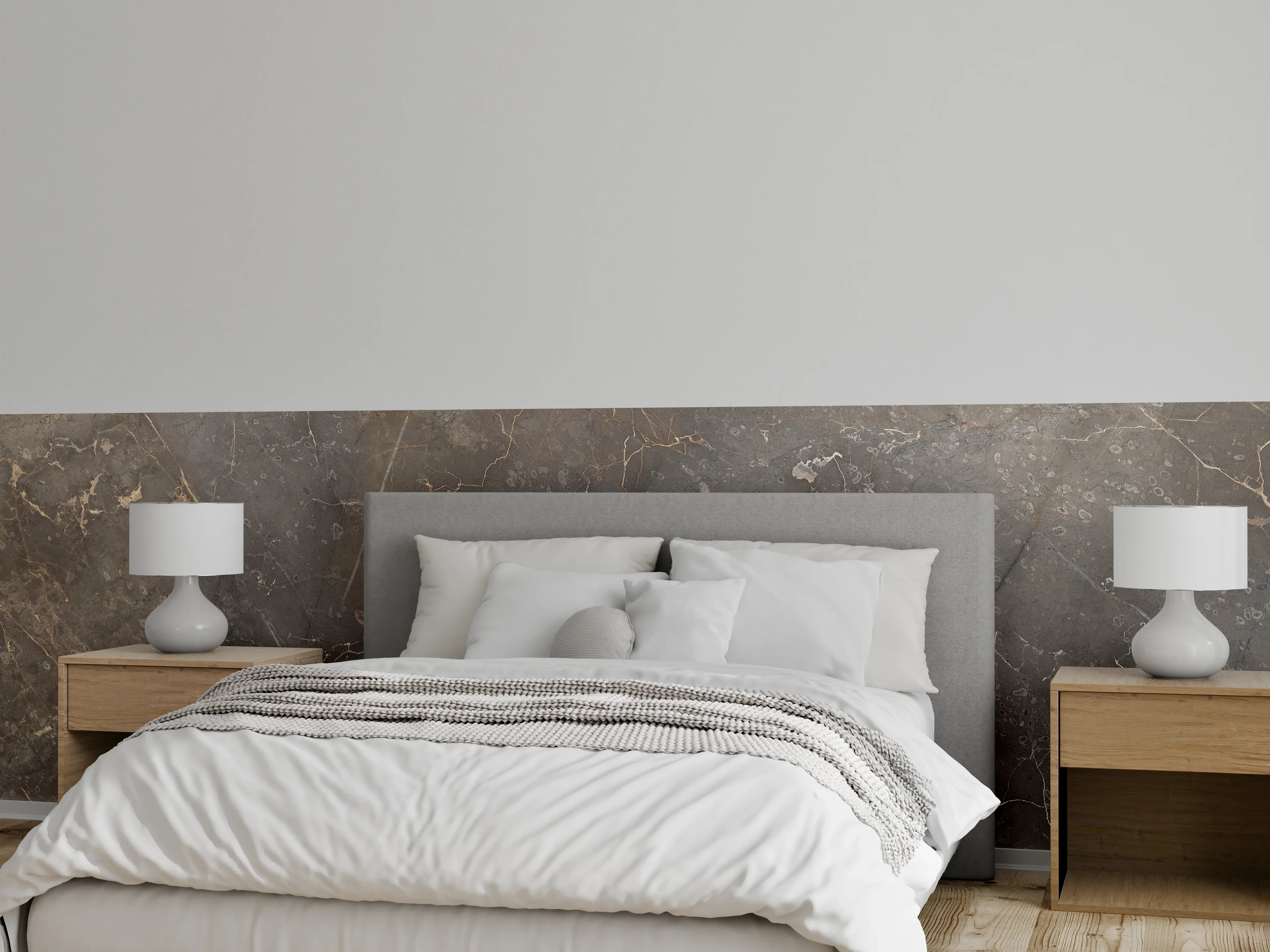 Wandverkleidung Schlafzimmer - Braun-Grauer Marmor mit Adern