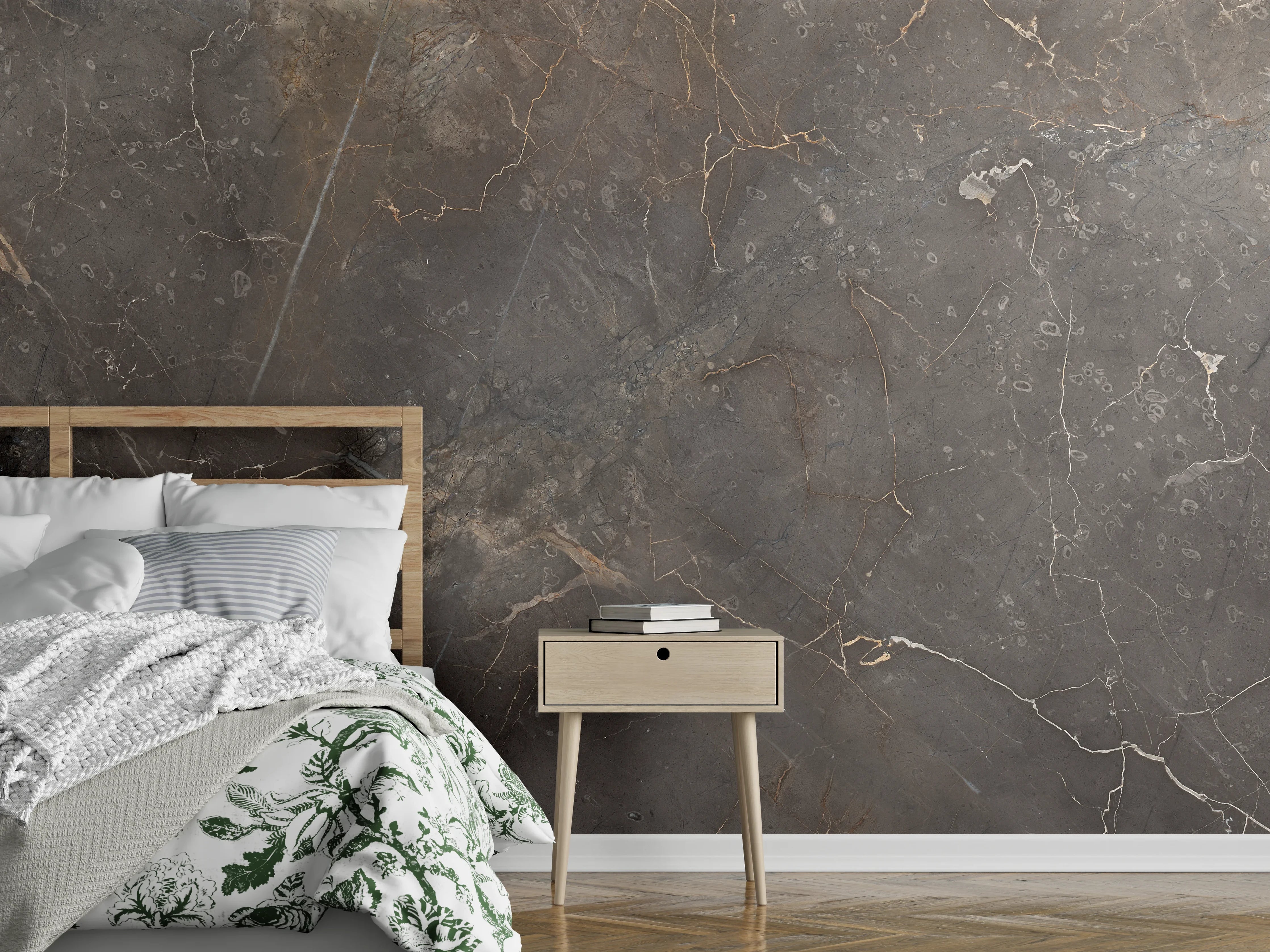 Wandverkleidung Schlafzimmer - Braun-Grauer Marmor mit Adern