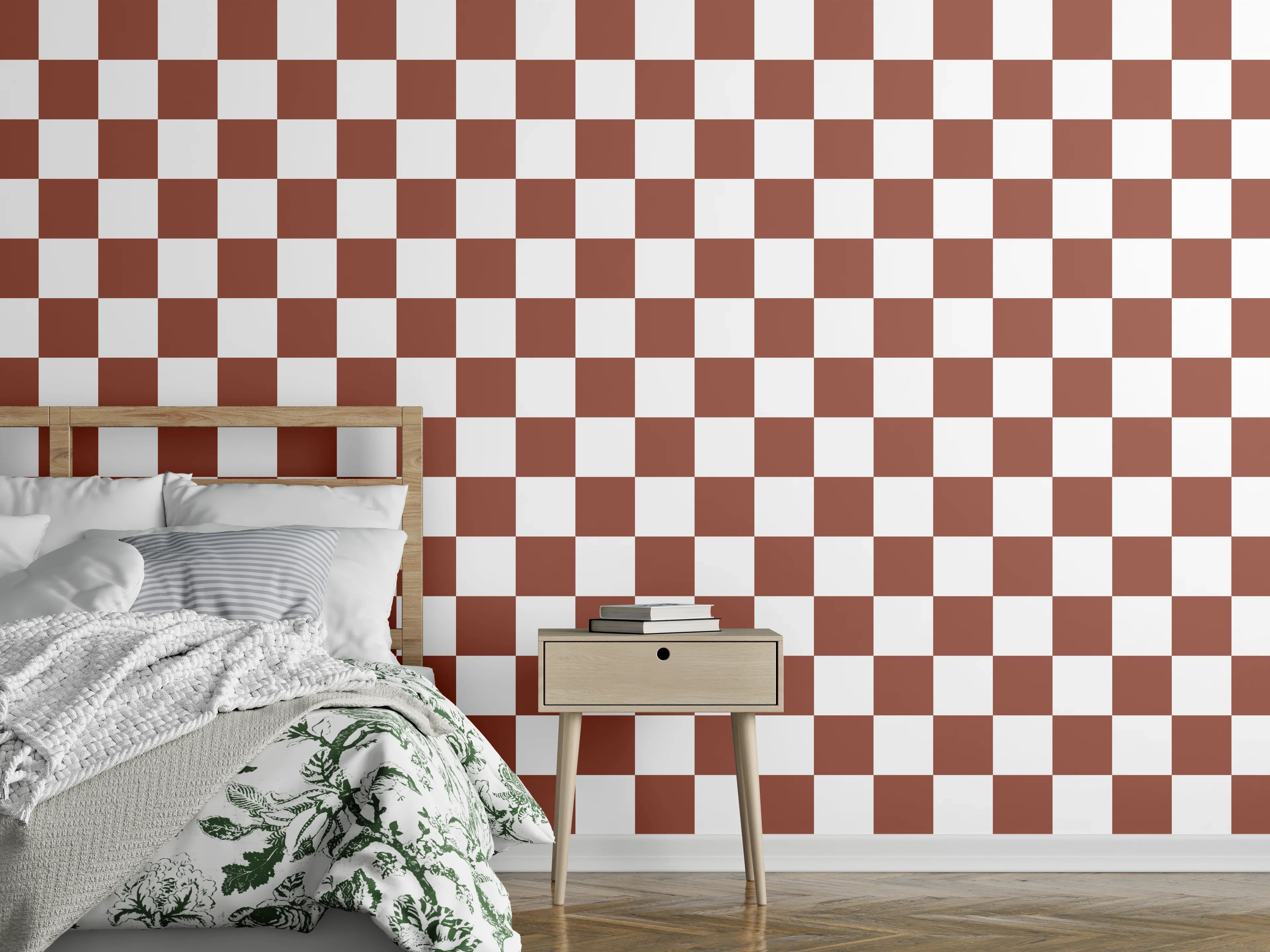 Wandverkleidung Schlafzimmer - Braun-weißes Schachbrett Kachelmuster