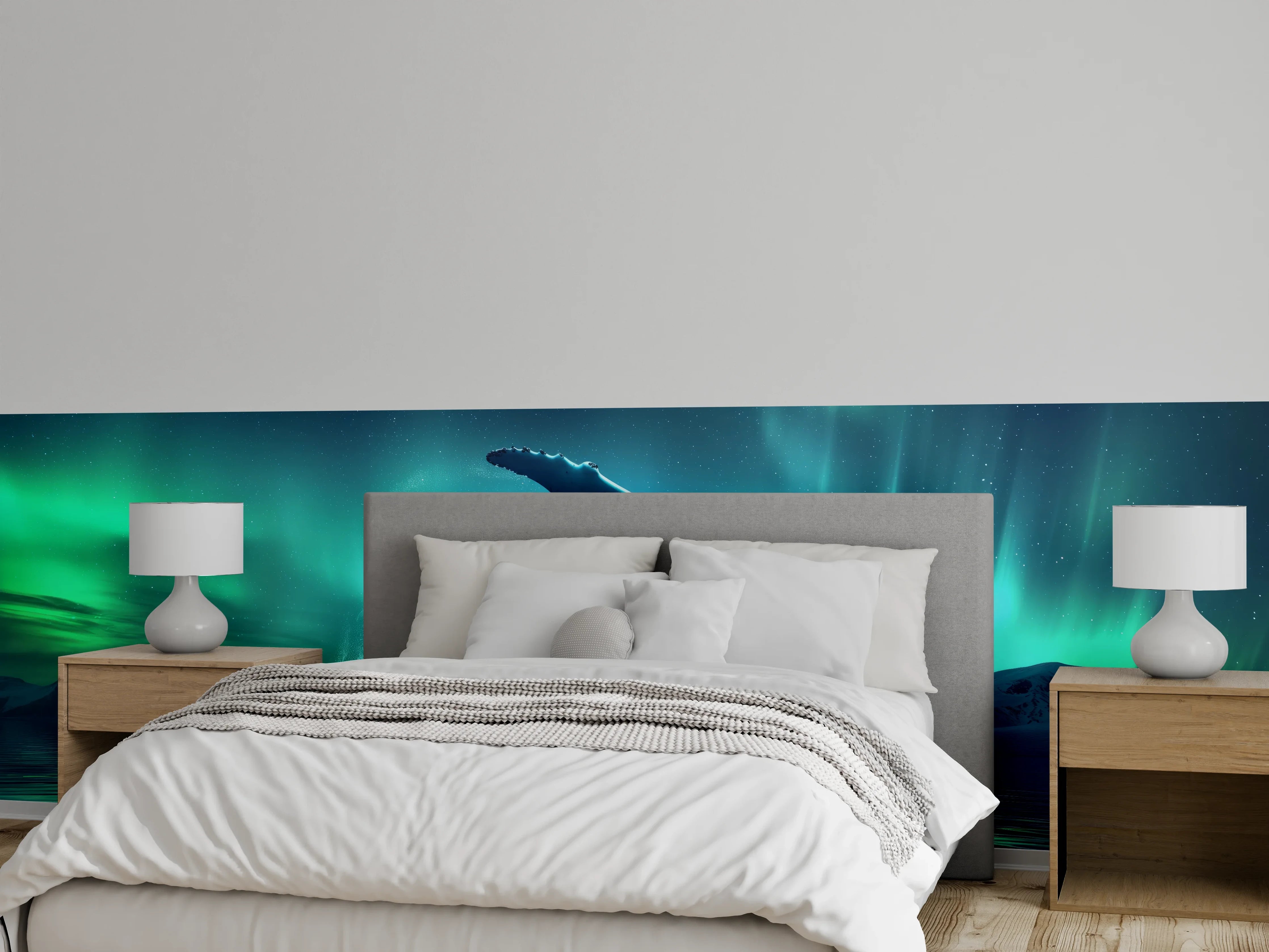 Wandverkleidung Schlafzimmer - Buckelwal unter Nordlicht Türkis