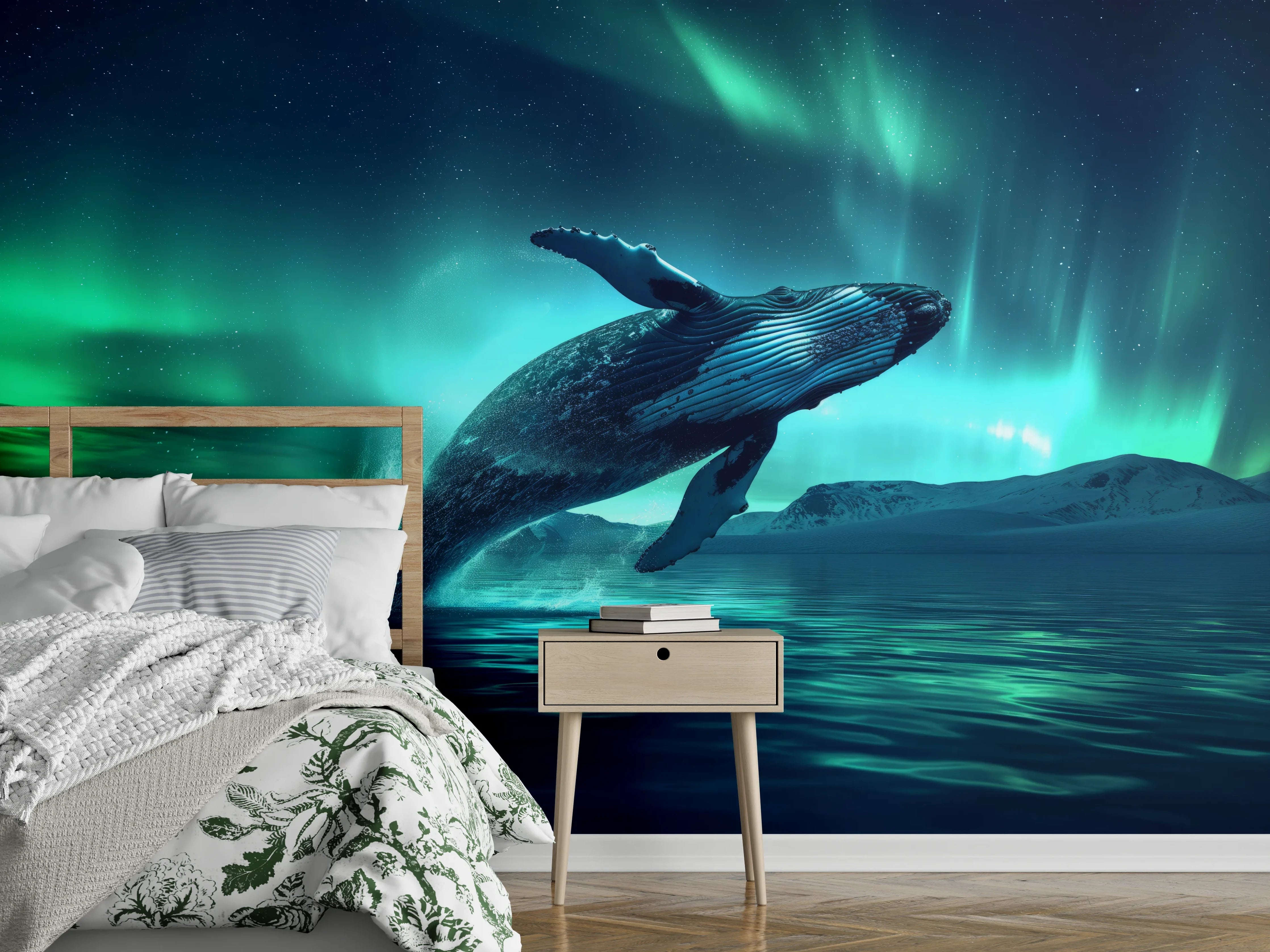 Wandverkleidung Schlafzimmer - Buckelwal unter Nordlicht Türkis