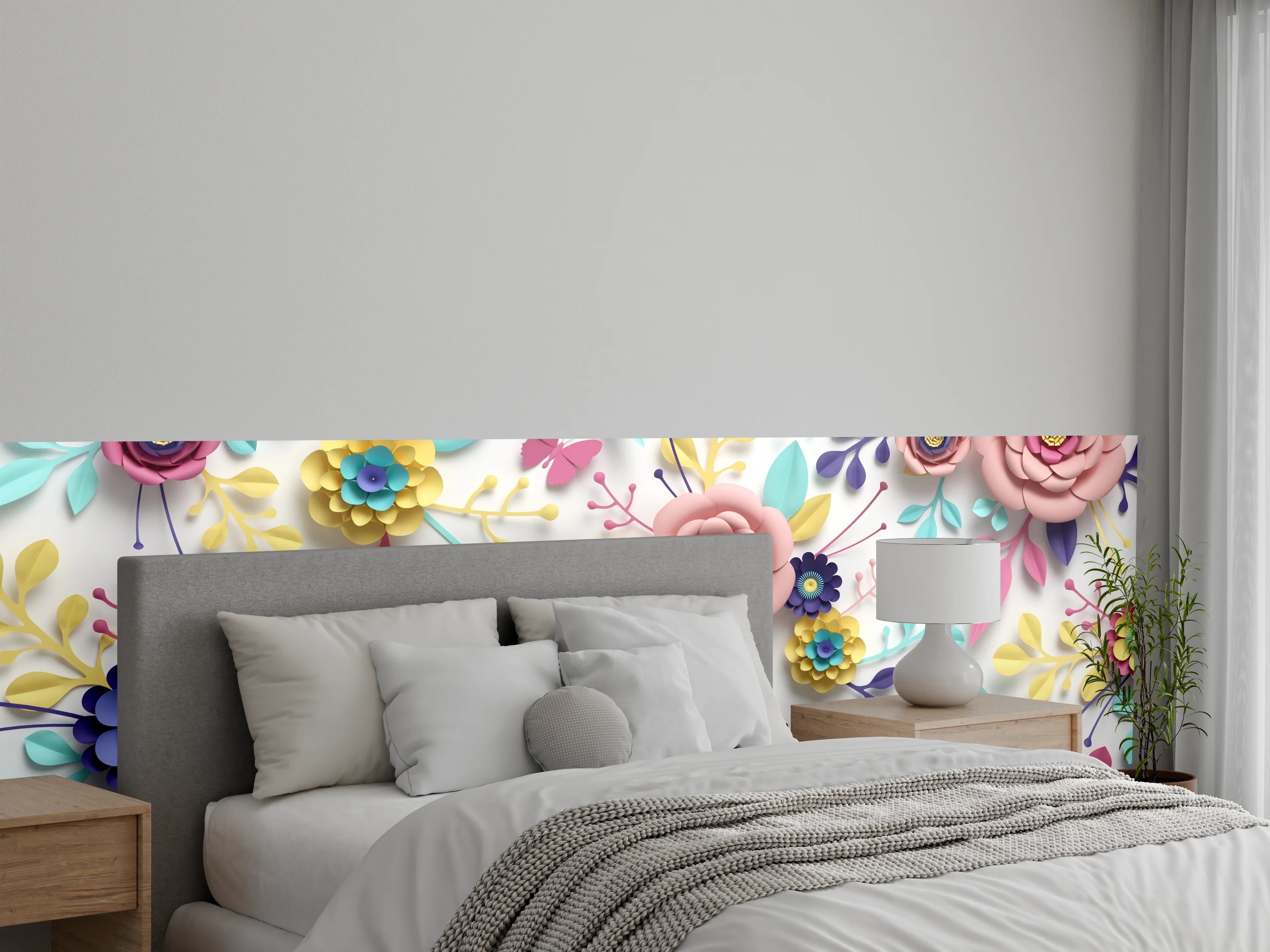 Wandverkleidung Schlafzimmer - Bunte 3D-Blumen und Schmetterlinge Wanddekor