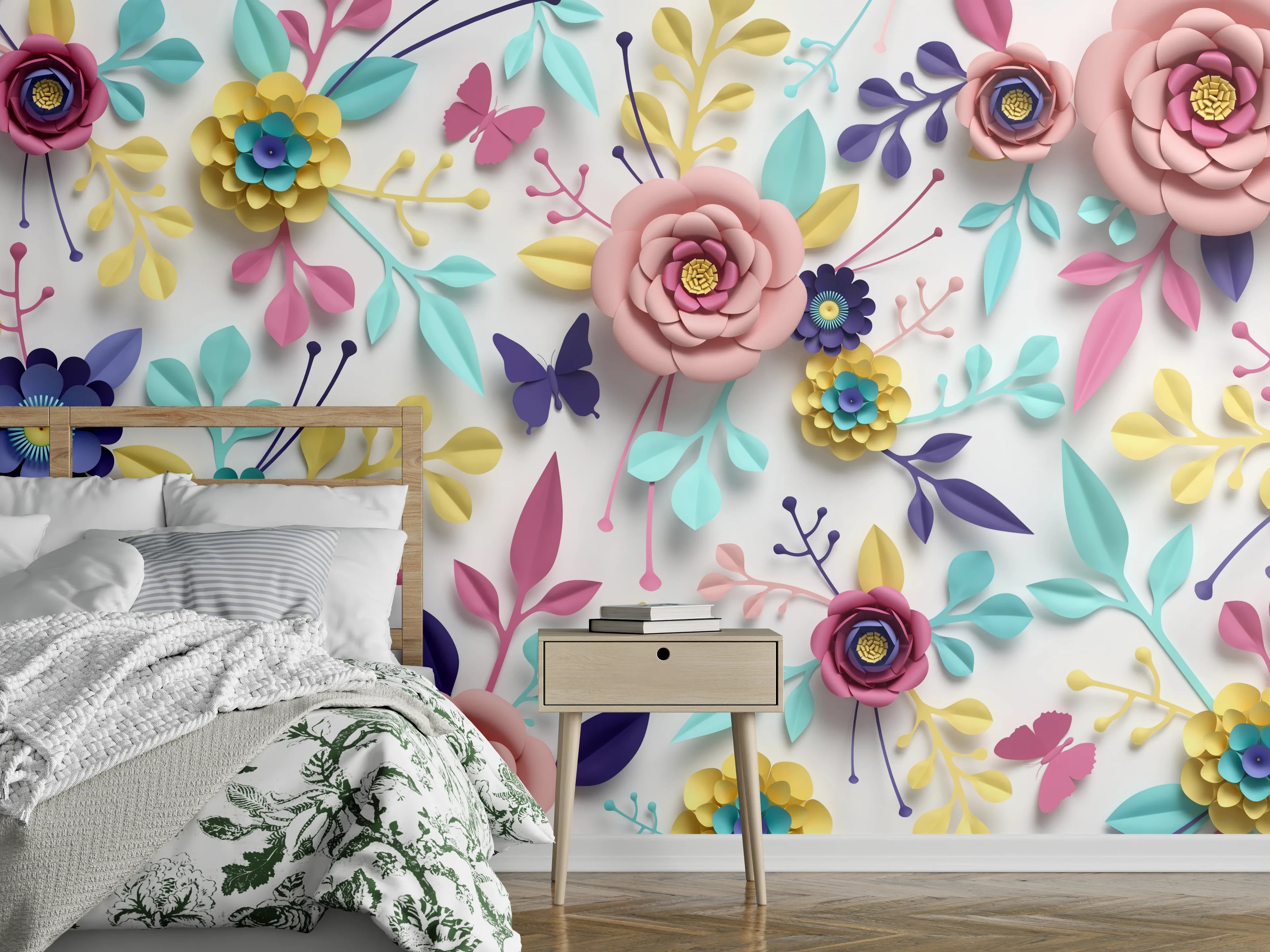 Wandverkleidung Schlafzimmer - Bunte 3D-Blumen und Schmetterlinge Wanddekor