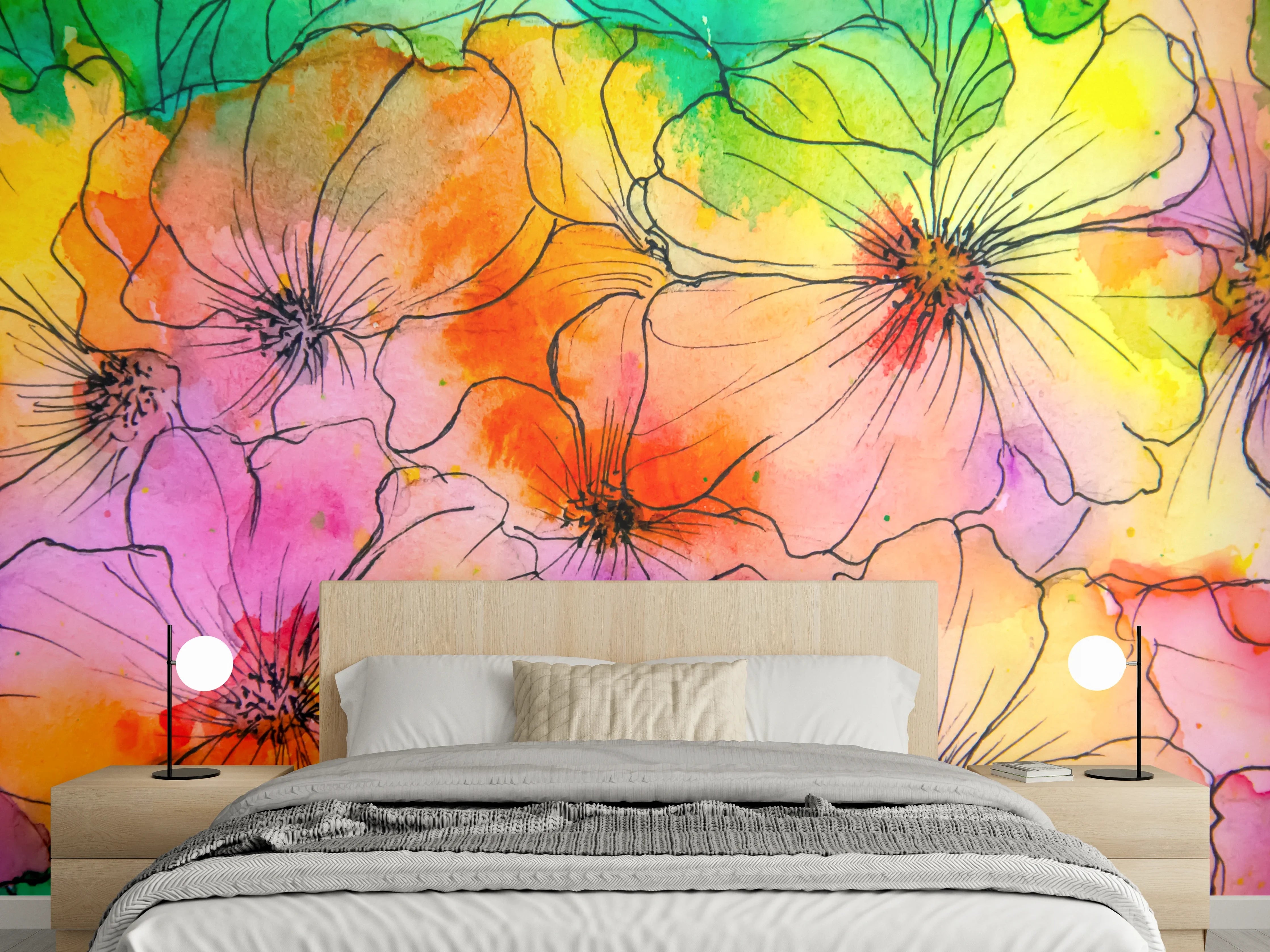 Wandverkleidung Schlafzimmer - Bunte Aquarell-Blumen Lineart Kunst