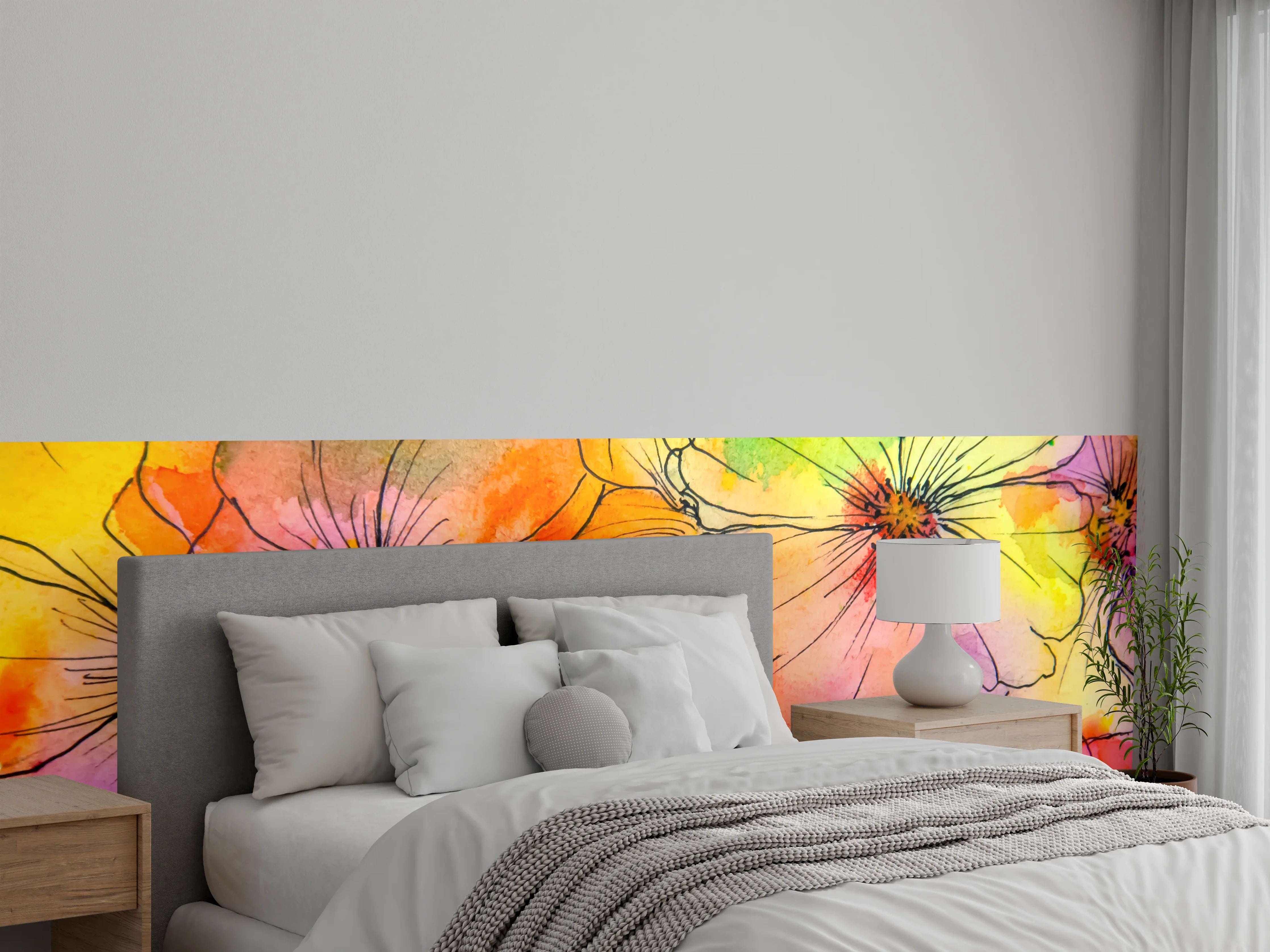 Wandverkleidung Schlafzimmer - Bunte Aquarell-Blumen Lineart Kunst