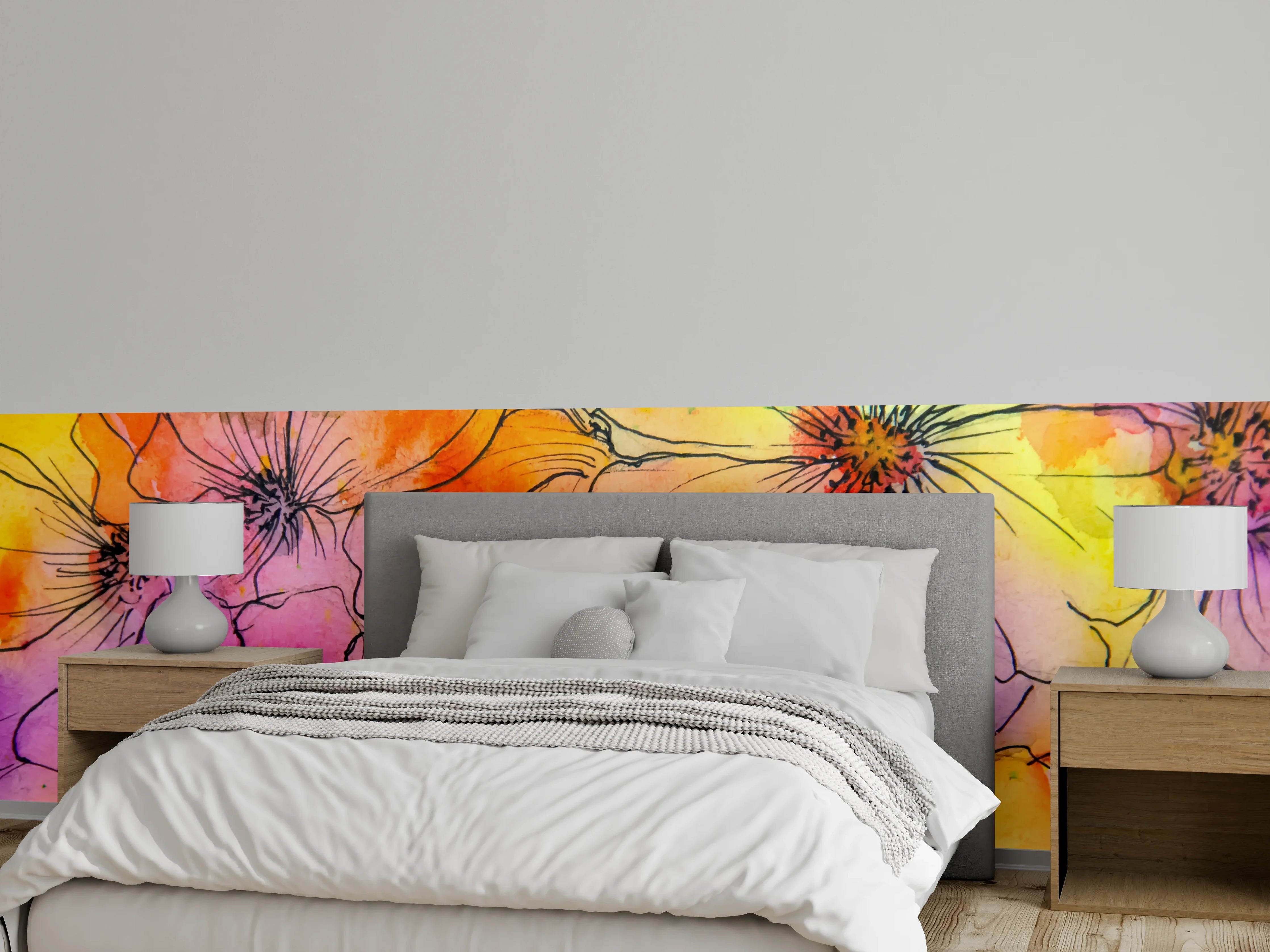 Wandverkleidung Schlafzimmer - Bunte Aquarell-Blumen Lineart Kunst