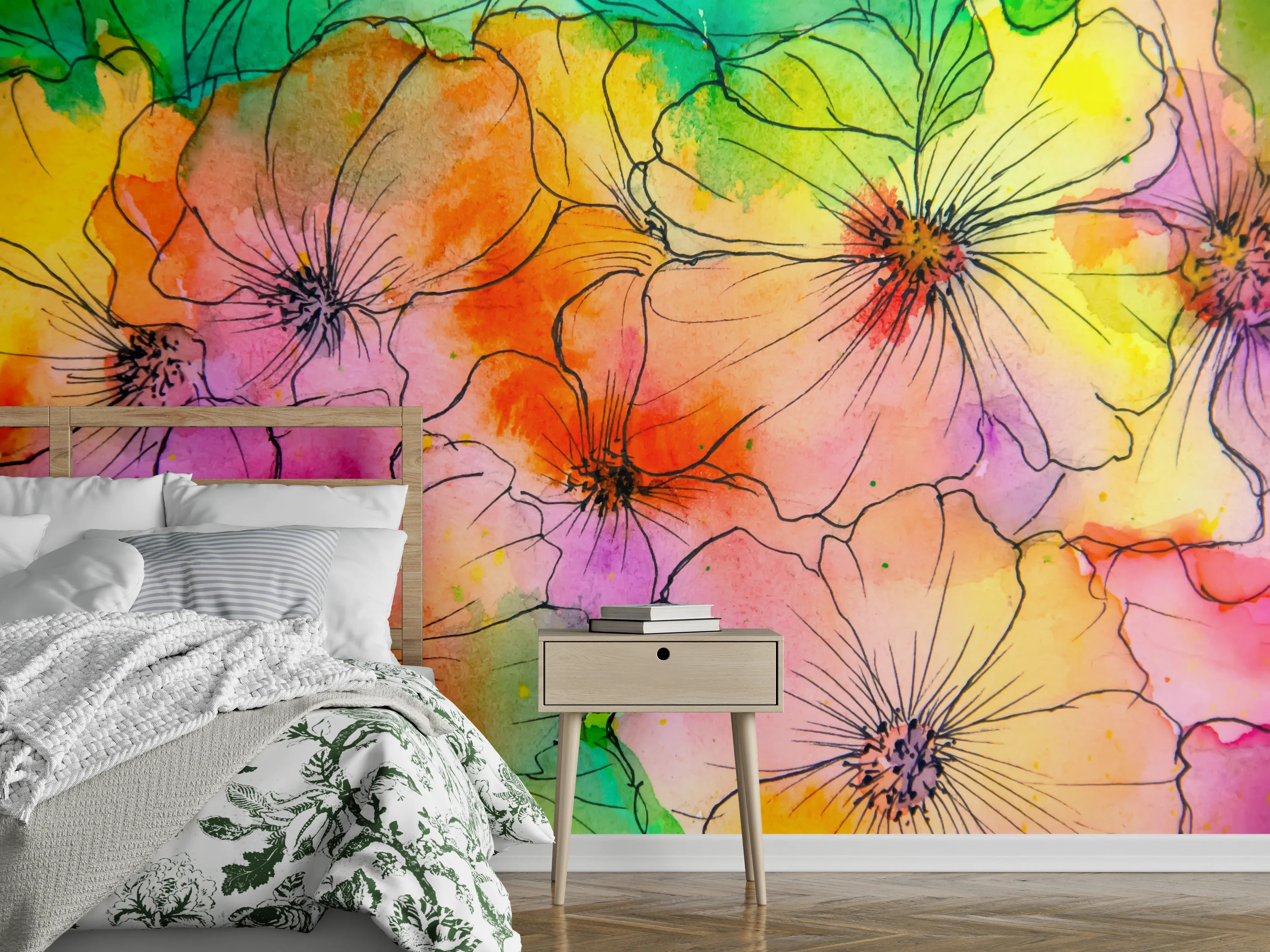 Wandverkleidung Schlafzimmer - Bunte Aquarell-Blumen Lineart Kunst