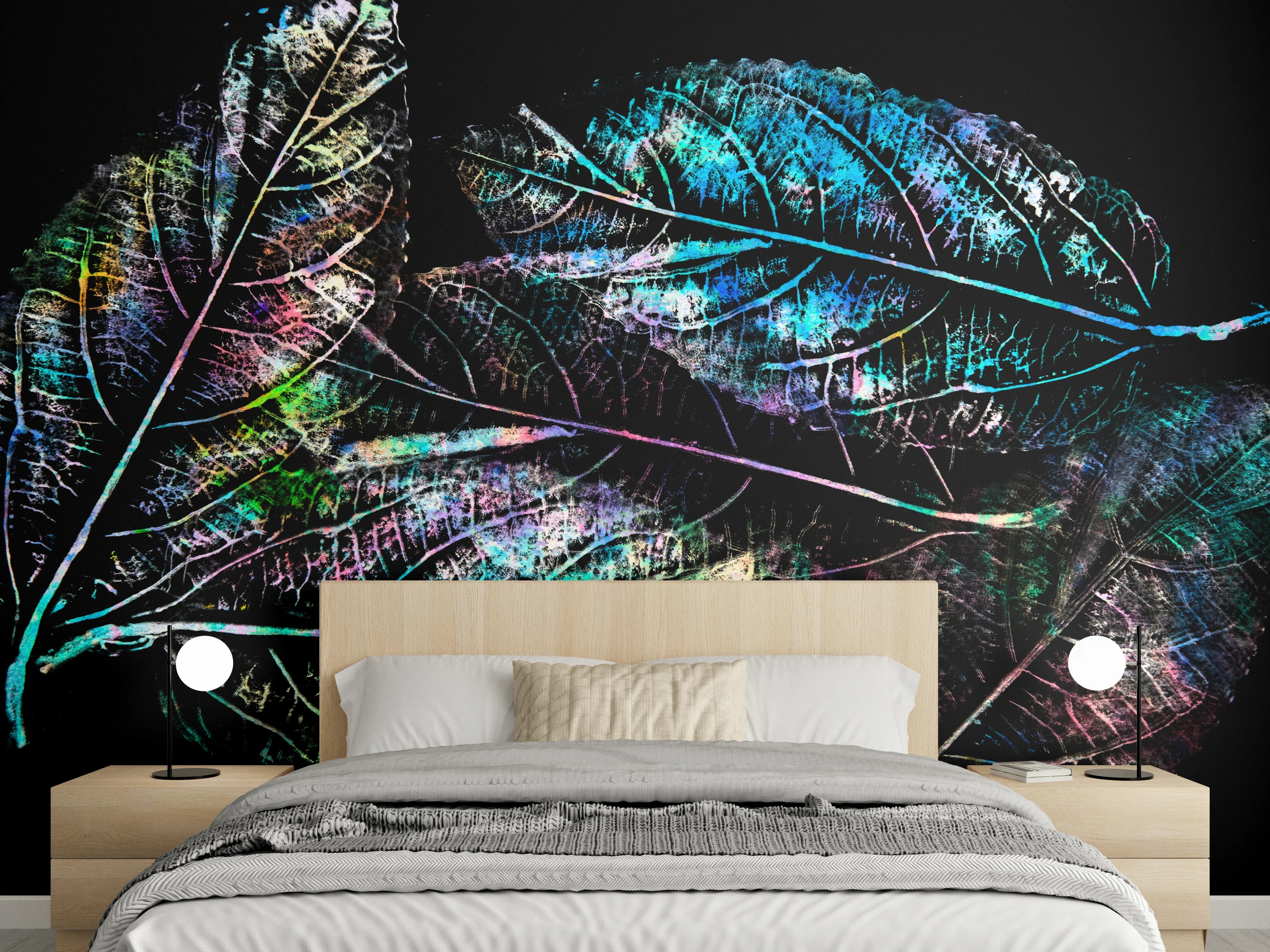 Wandverkleidung Schlafzimmer - Bunte Blätter auf Schwarz – Wanddeko